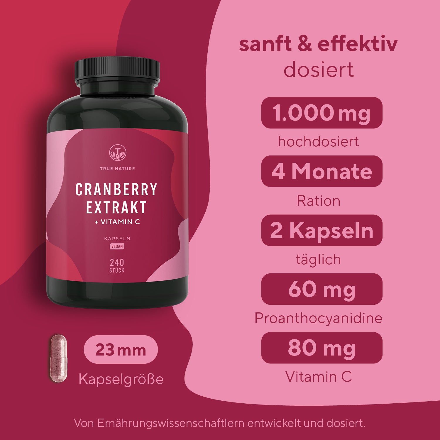 Produktflasche neben Informationen: 1.000 mg, 4 Monate, 2 Kapseln täglich, 60 mg Proanthocyanidine, 80 mg Vitamin C. Kapselgröße: 23 mm.