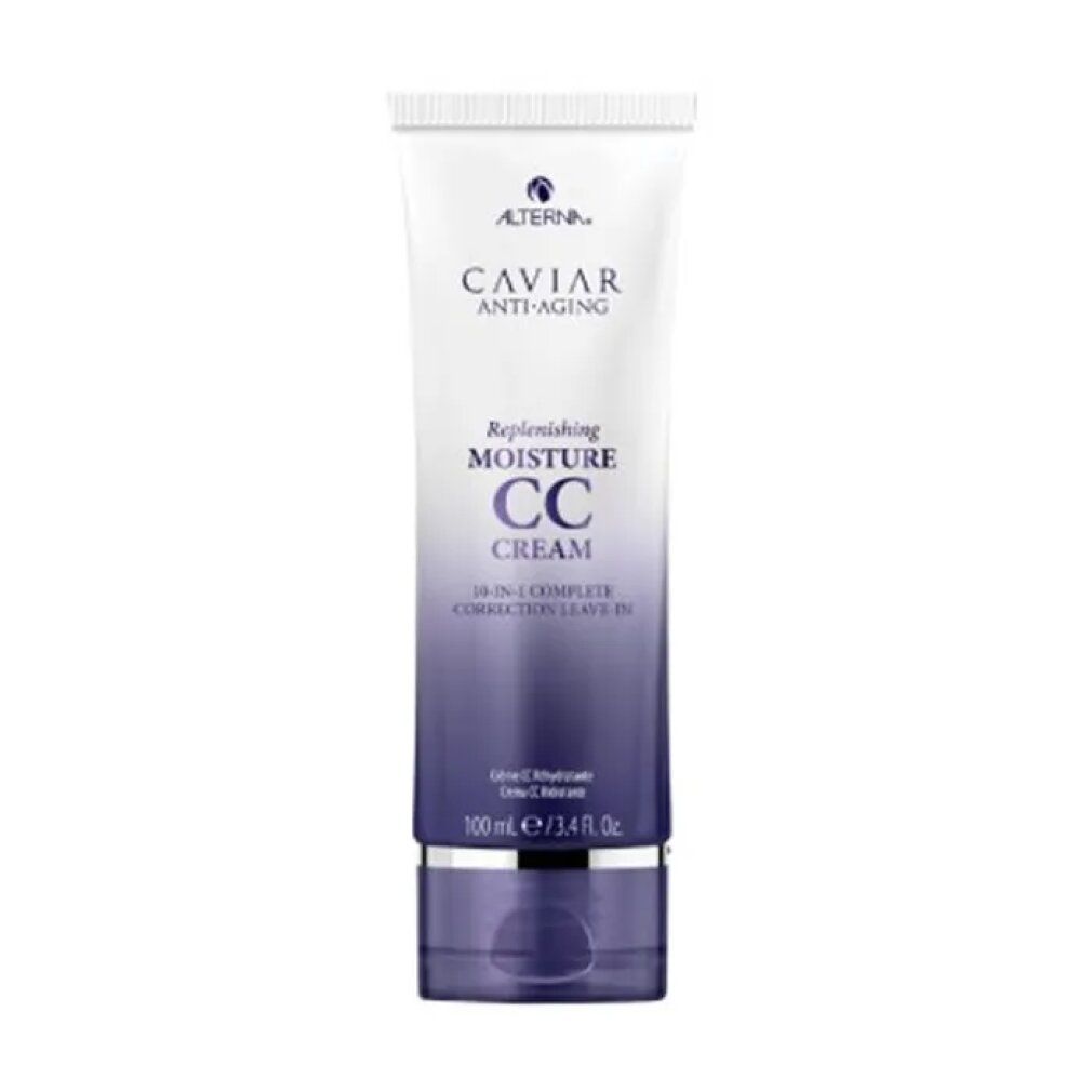 Tube mit CC Cream. Weiß-lila Farbverlauf. Beschriftung: Caviar Anti-Aging, Replenishing Moisture CC Cream. 10-in-1.