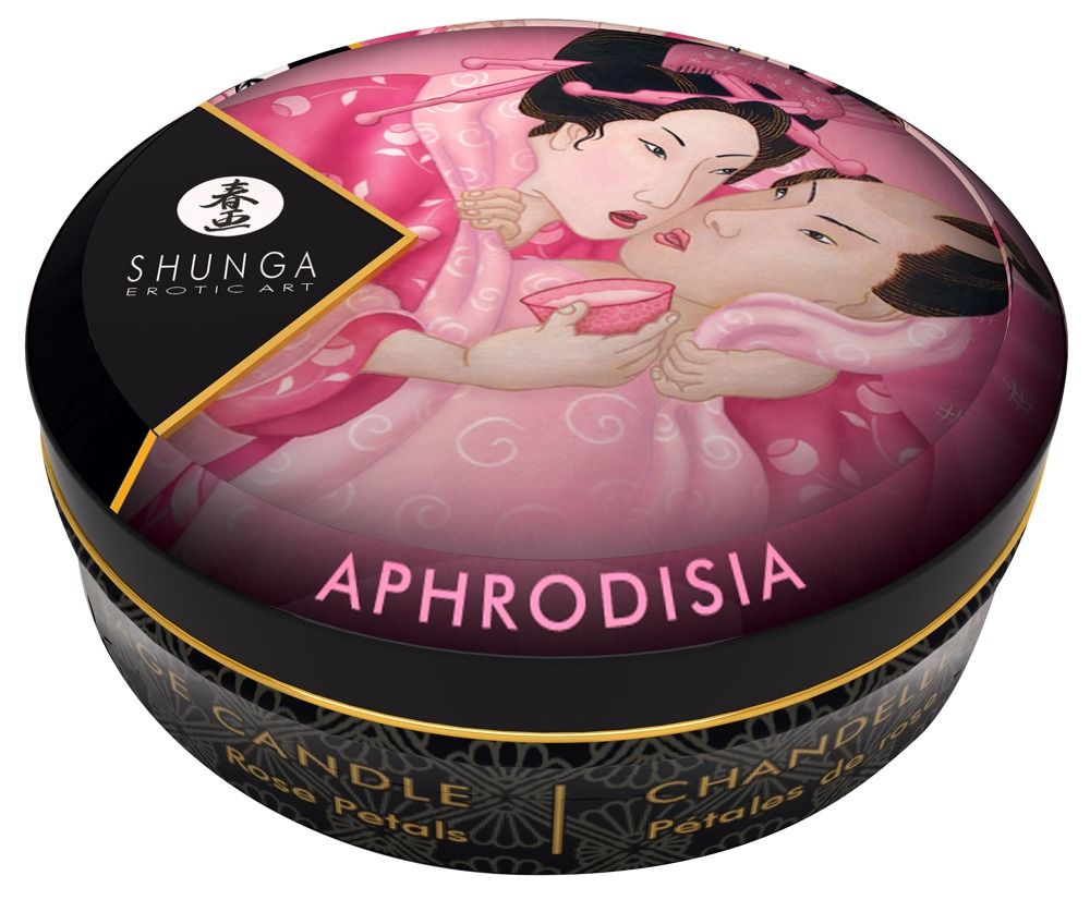 Runde, schwarze Kerze mit goldenem Rand. Deckel mit Illustration und Text: Aphrodisia. Text: Massage Candle, Rose Petals.