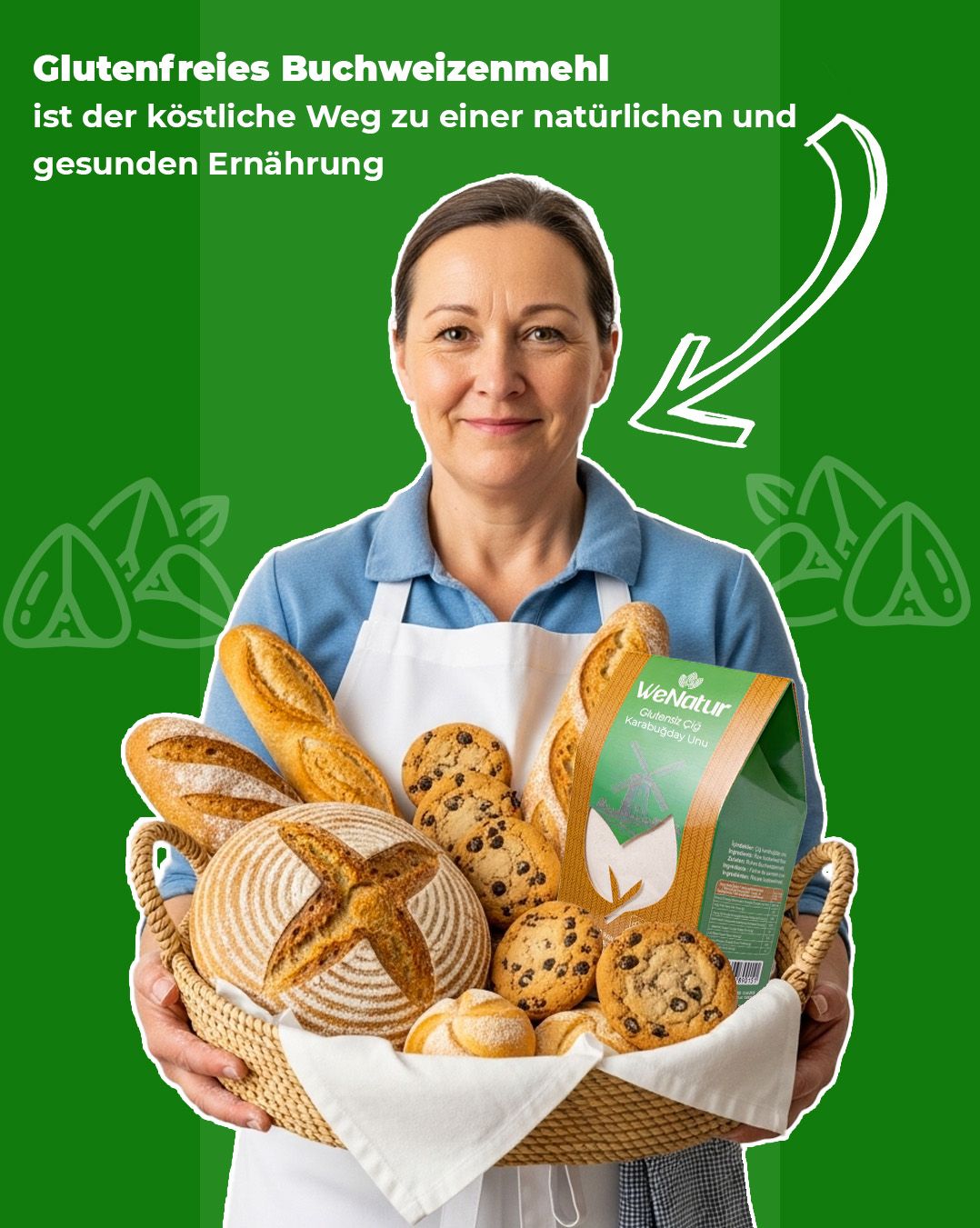 Packung WeNatur glutenfreies Buchweizenmehl mit einem Kreis im Hintergrund.