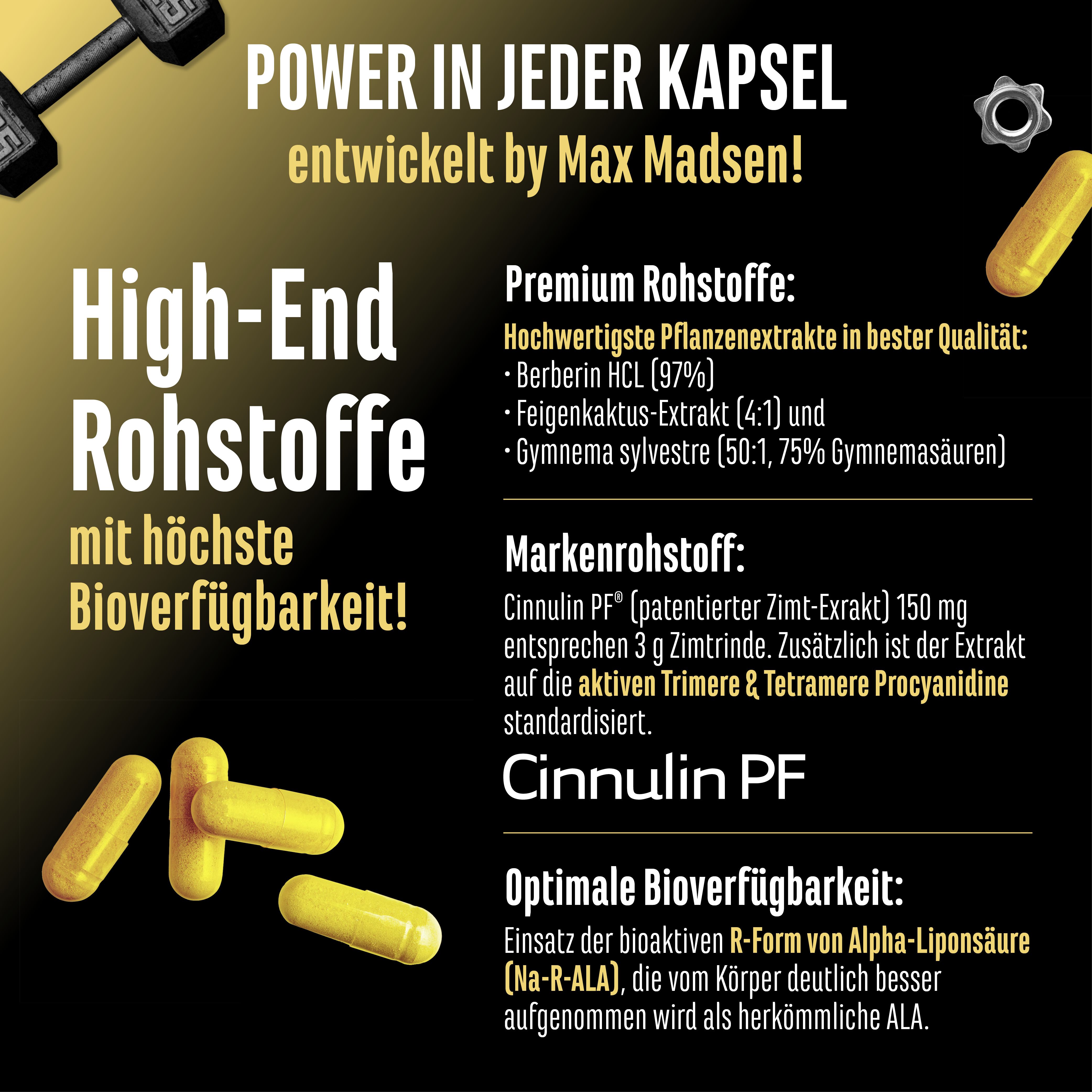 Text mit Informationen über Premium-Rohstoffe und Cinnulin PF. Enthält 150mg Zimt-Extrakt. Optimale Bioverfügbarkeit durch R-Form von Alpha-Liponsäure (Na-R-ALA).