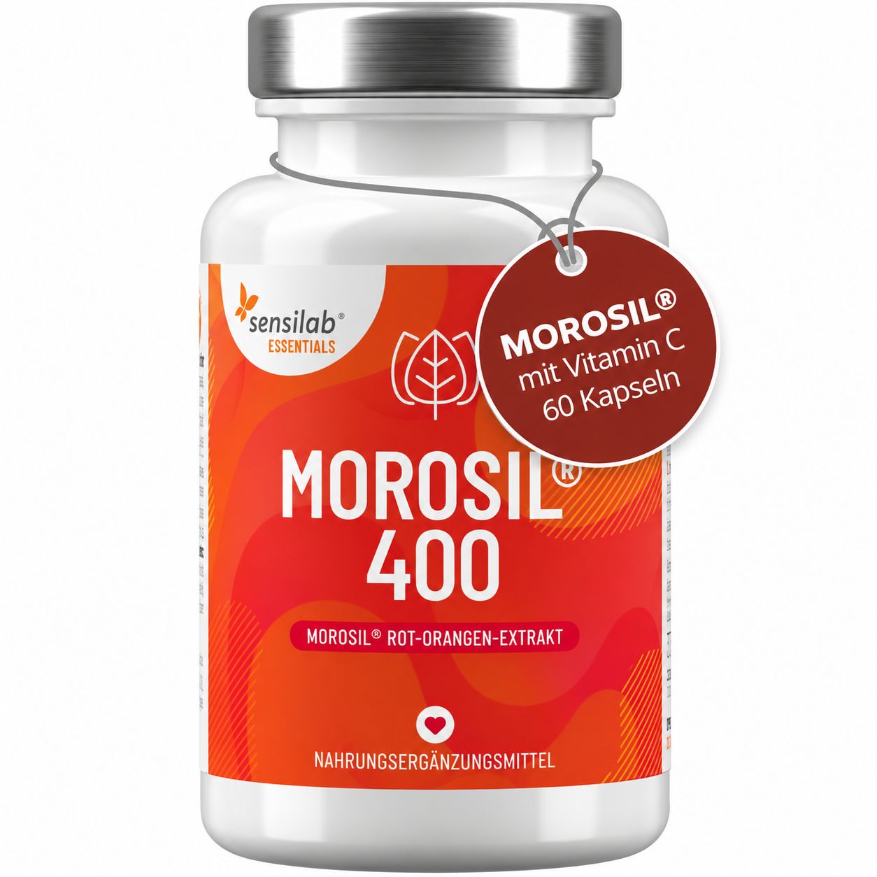 Flasche Morosil 400 mit 60 Kapseln, enthält Morosil Rot-Orangen-Extrakt und Vitamin C.