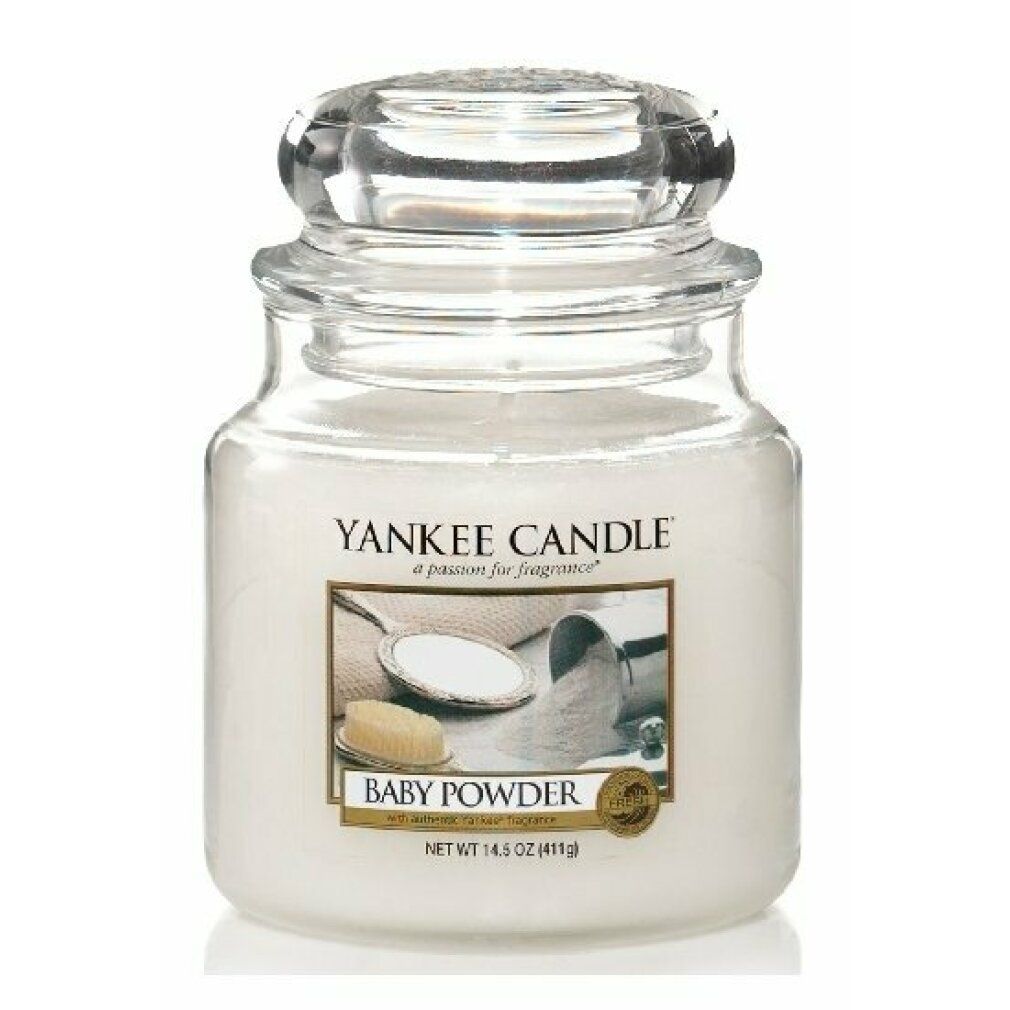 Yankee Candle Baby Powder Duftkerze im Glas mit Deckel. Etikett mit Produktbild. Gewicht: 411g.