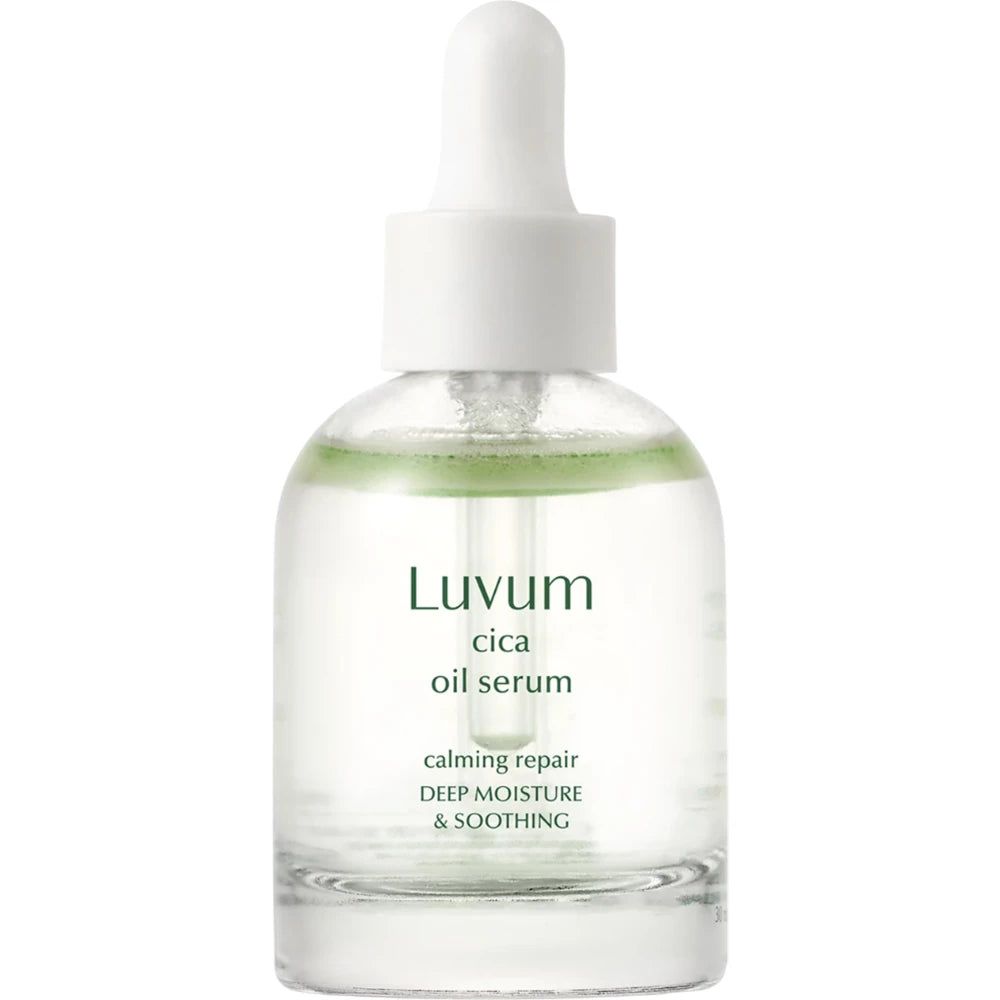 Serumflasche mit Pipette. Aufschrift: Luvum cica oil serum. Text: calming repair, deep moisture & soothing.