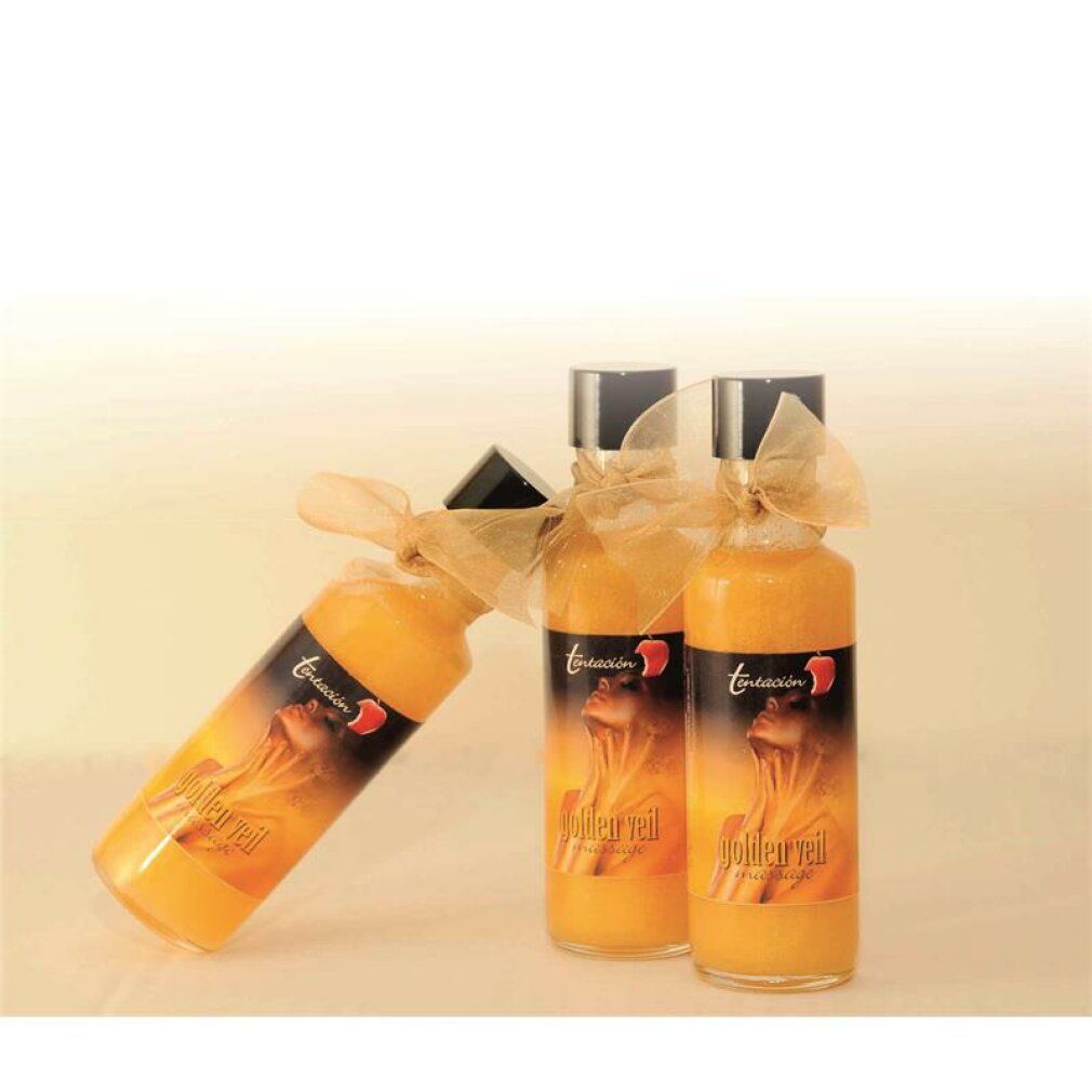 Goldfarbenes Massageöl in Glasflasche mit schwarzem Deckel und Schleife. Etikett mit Frau und Apfel.