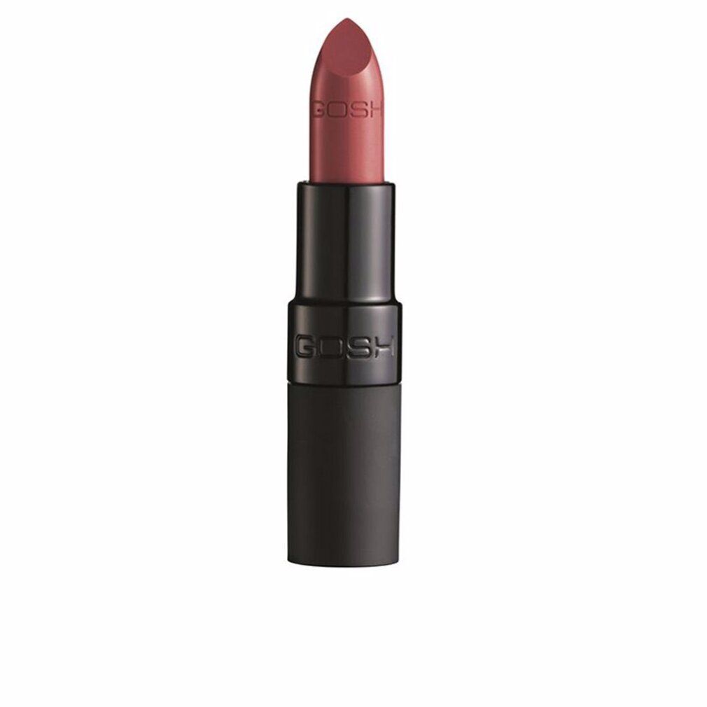 Gosh Velvet Touch Lippenstift, matt Cranberry. Schwarze Hülse, rosafarbener Lippenstift. Gosh-Logo.