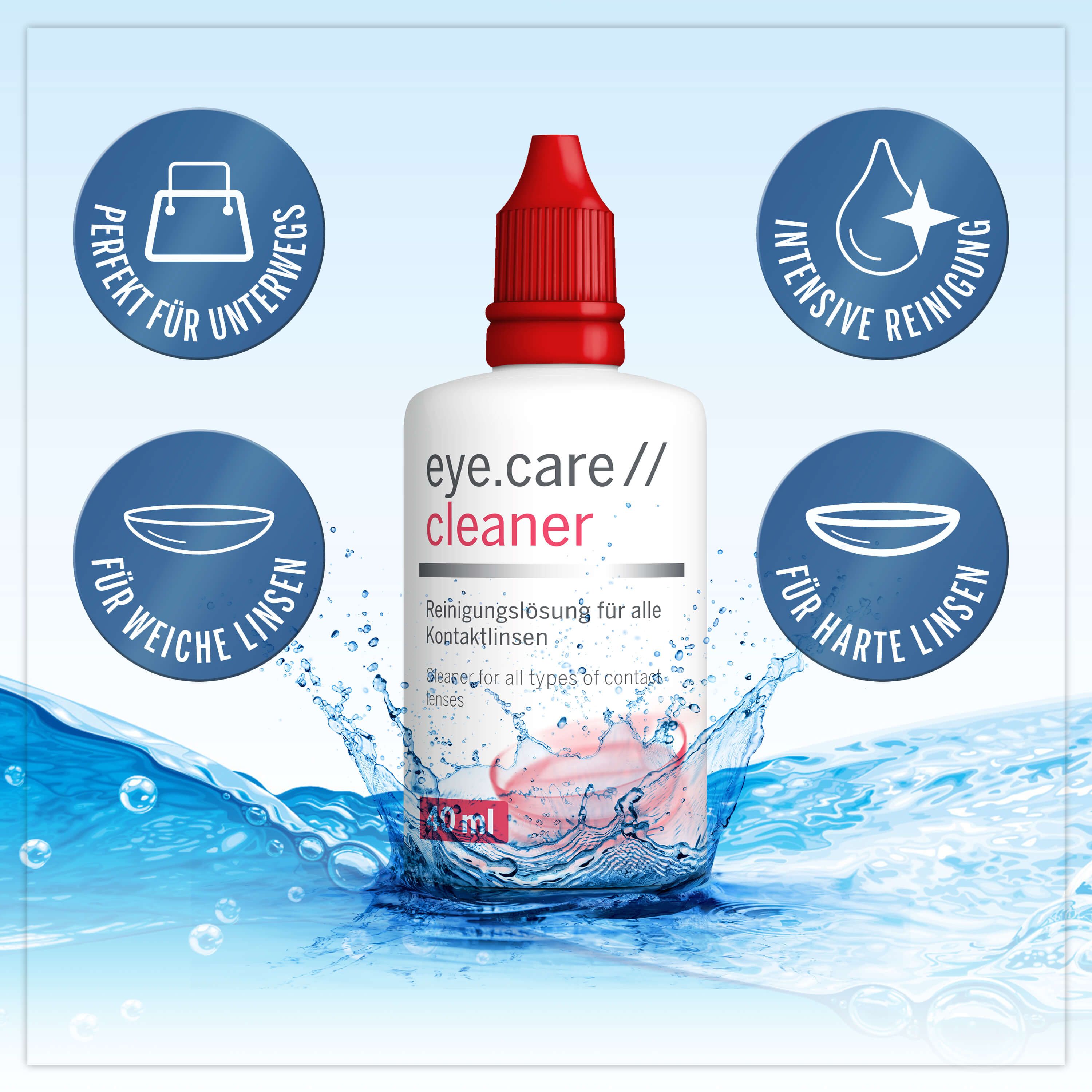 Weiße Flasche mit rotem Verschluss, umgeben von Wasser. Text: eye.care // cleaner, 40 ml. Kreisförmige Icons.