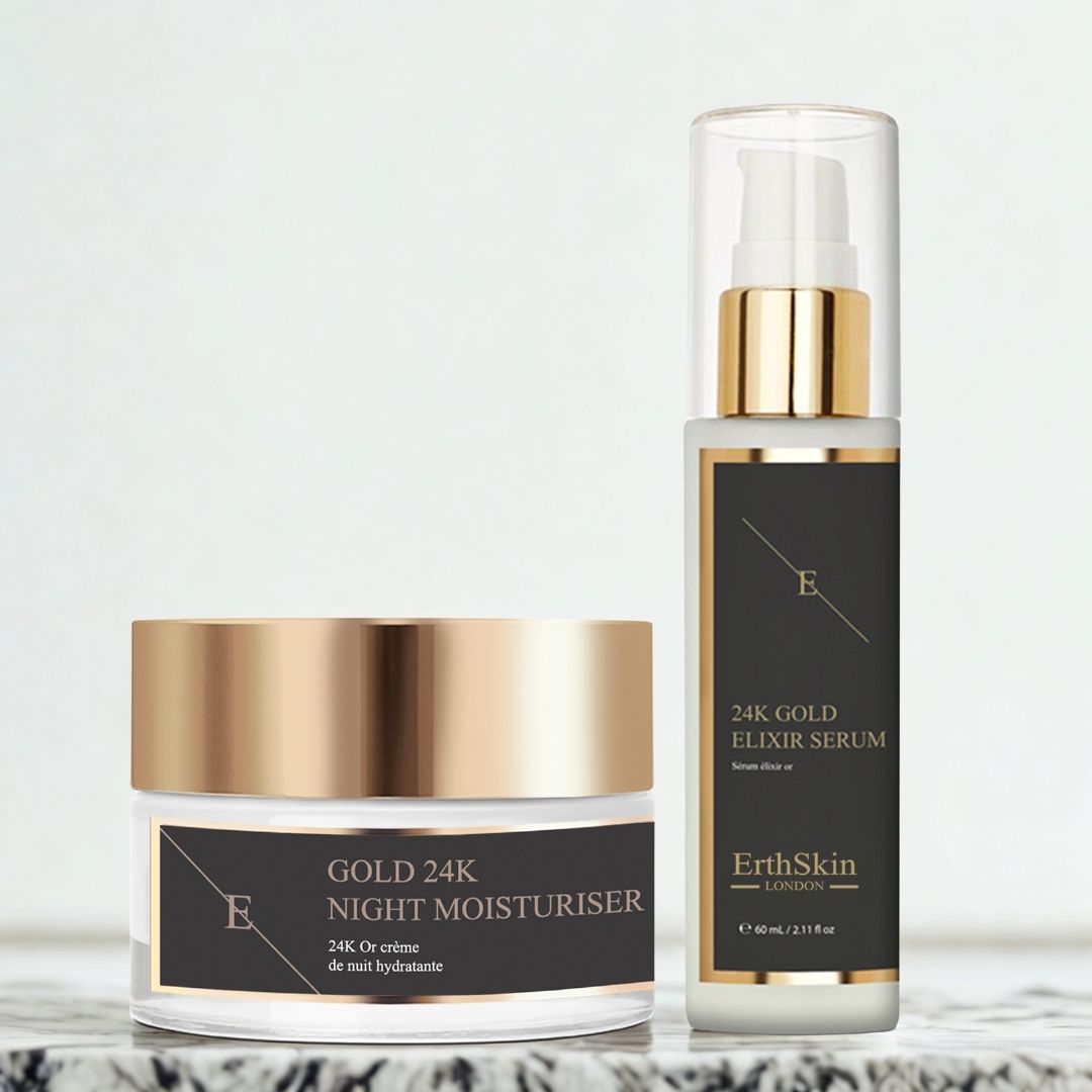 Zwei Kosmetikprodukte: Nachtfeuchtigkeitscreme und Elixier-Serum. Beide in Glasbehältern mit goldenen Deckeln und Etiketten. ErthSkin London.