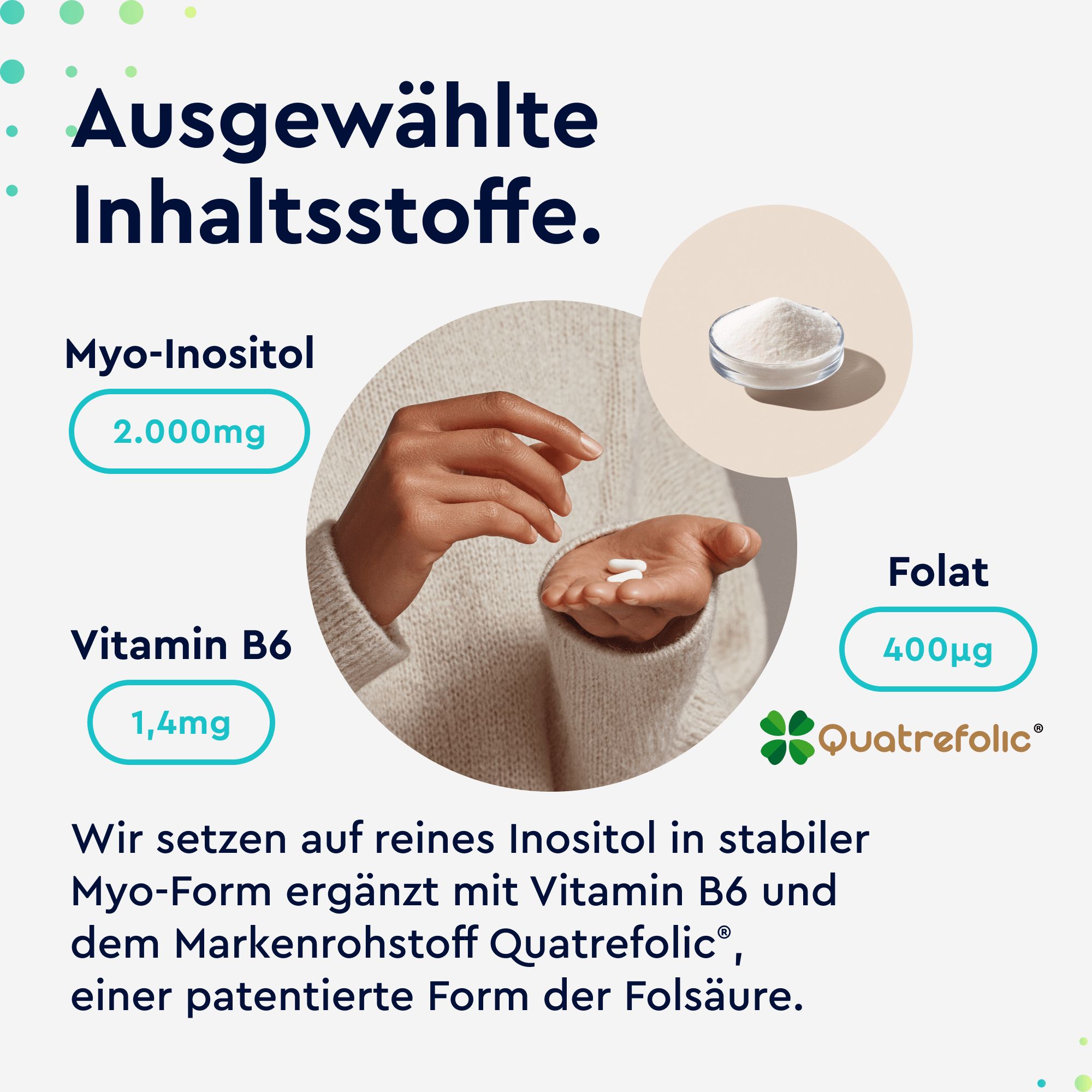 Hände halten Kapseln und Pulver. Text: Myo-Inositol, Vitamin B6, Folat. Quatrefolic-Logo.