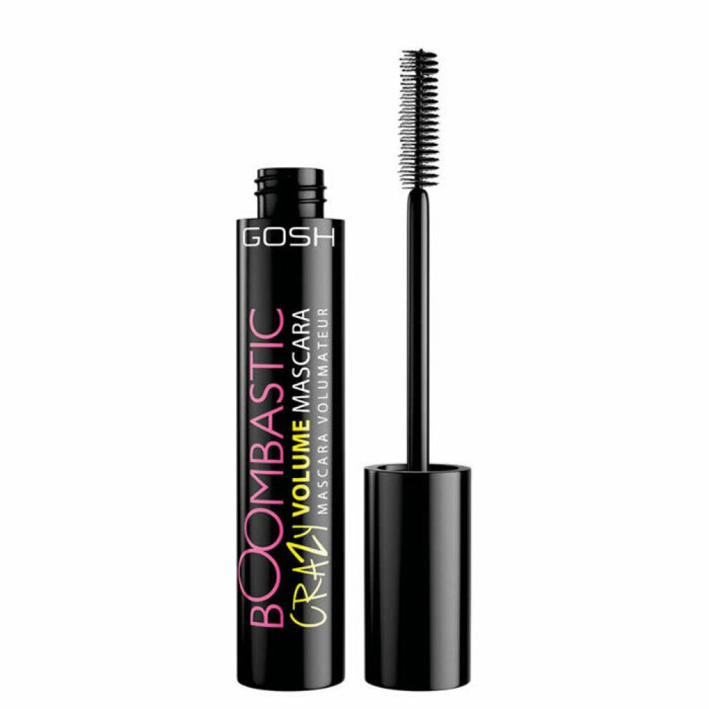 Schwarze Mascaratube mit Schriftzug GOSH, BOOMBASTIC CRAZY VOLUME MASCARA. Bürste und Deckel daneben.