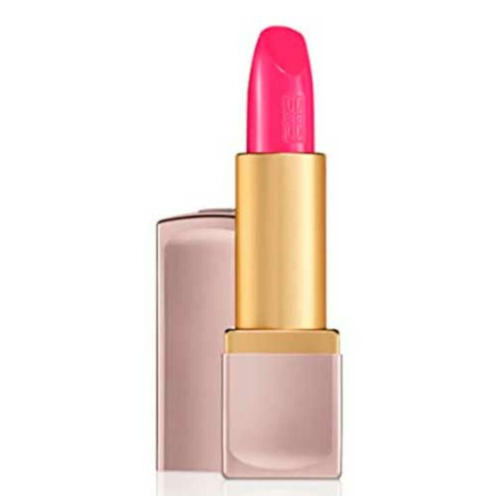 Geöffneter Lippenstift, rosafarbene Hülle. Der Lippenstift ist pink. Goldfarbener Schaft. Quadratische Form.