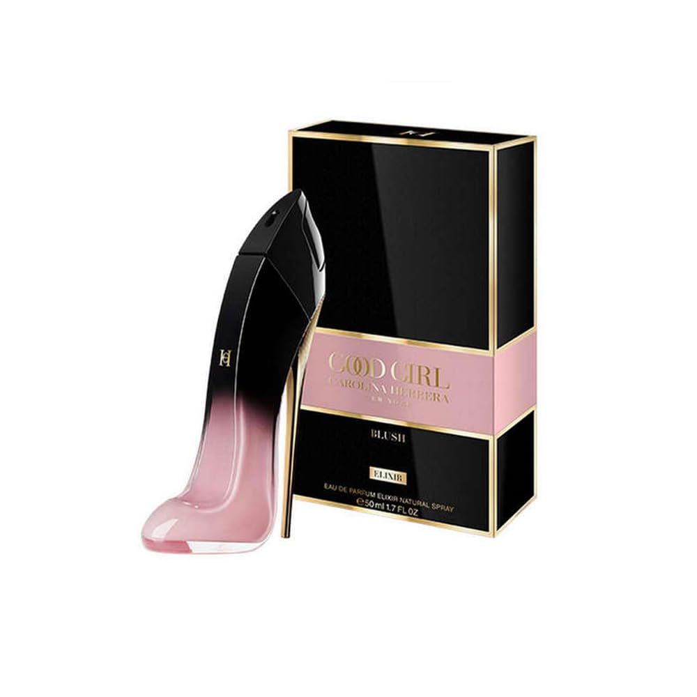 Parfümflakon in Form eines High Heels, schwarz-rosa Farbverlauf. Schwarze Verpackung mit rosa Akzenten und goldenen Details.