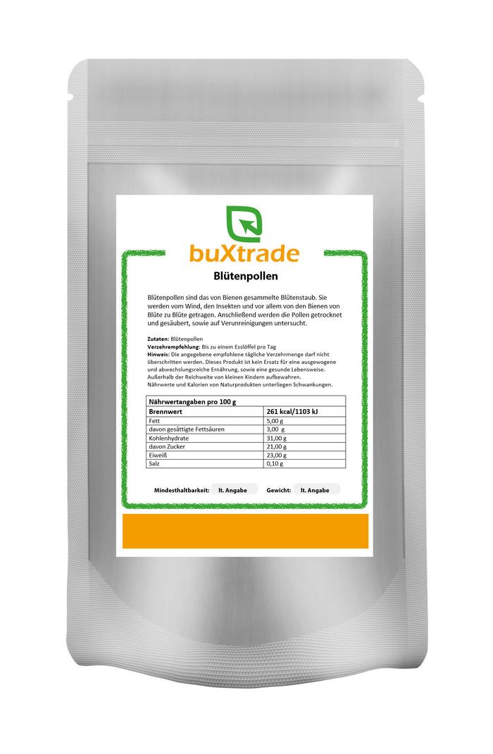 Beutel mit Blütenpollen. Aufdruck mit Produktname, Marke buXtrade und Nährwertangaben. Grün-orangefarbene Umrandung.