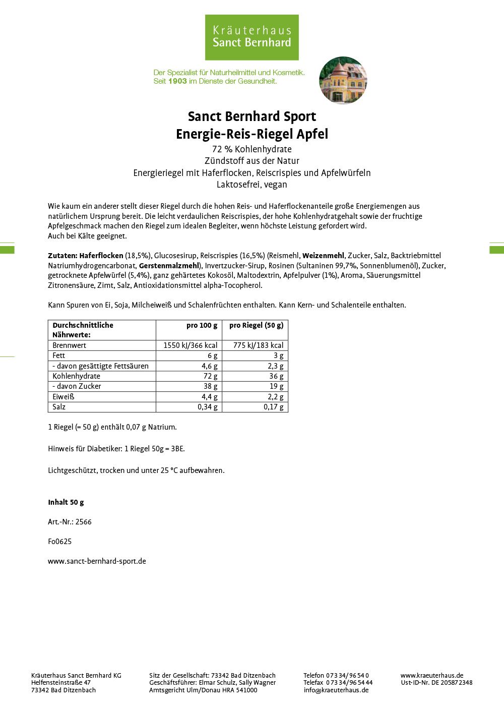 Verpackungsinformationen für Sanct Bernhard Sport Energie Reis-Riegel Apfel. Enthält Nährwertangaben und Zutatenliste.