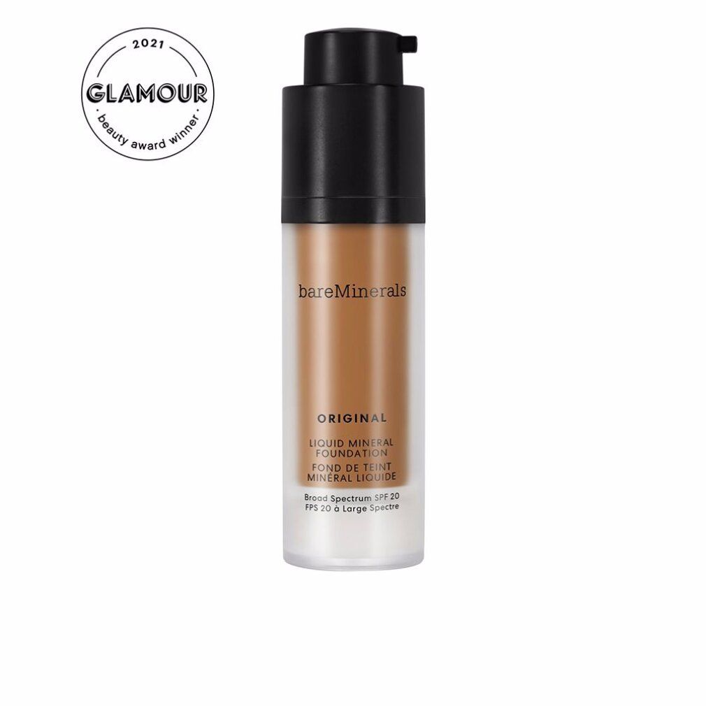 Bareminerals Original Liquid Foundation, Warm Dark, mit Pumpspender und LSF 20, ausgezeichnet mit Glamour Beauty Award 2021.