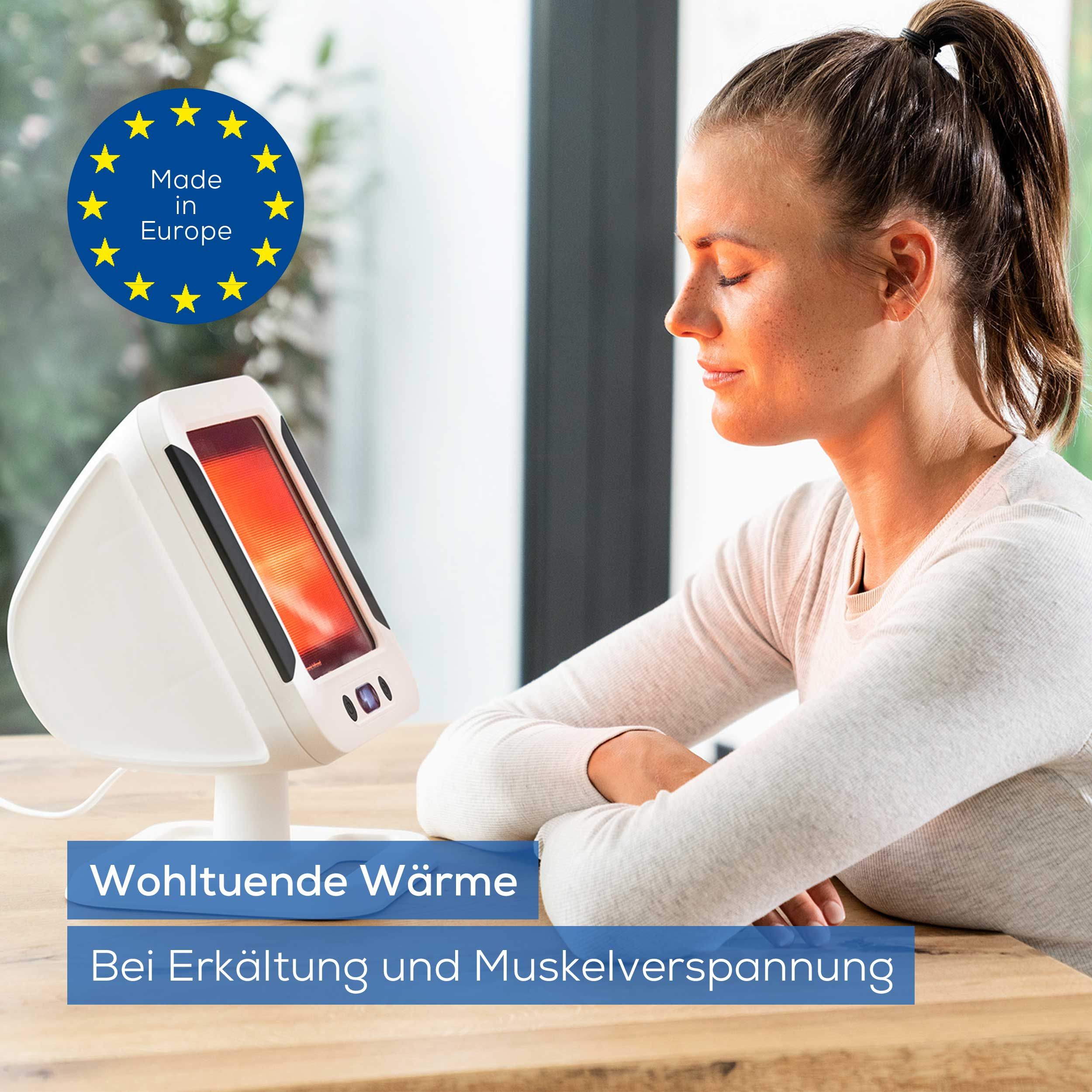 Frau mit Infrarotlampe. Text: Wohltuende Wärme bei Erkältung und Muskelverspannung. Made in Europe.