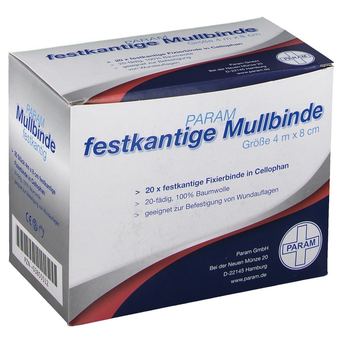 PARAM Mullbinde in Cellophan, 4 m x 8 cm. Verpackung mit Produktinformationen und Logo. Enthält 20 Stück.