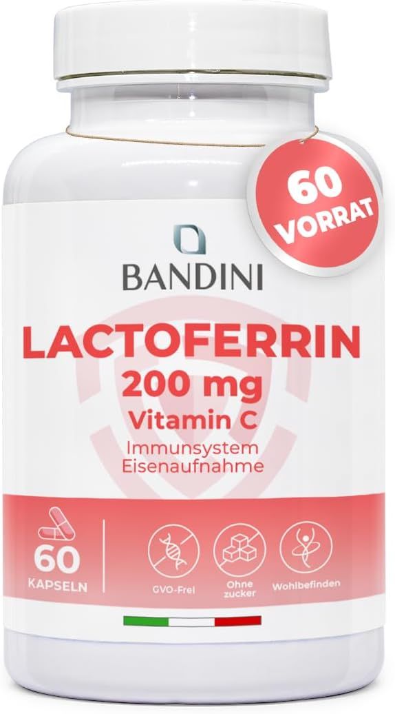 Weiße Flasche mit Kapseln. Aufschrift: Bandini Lactoferrin 200 mg Vitamin C. 60 Kapseln. Roter Aufkleber.