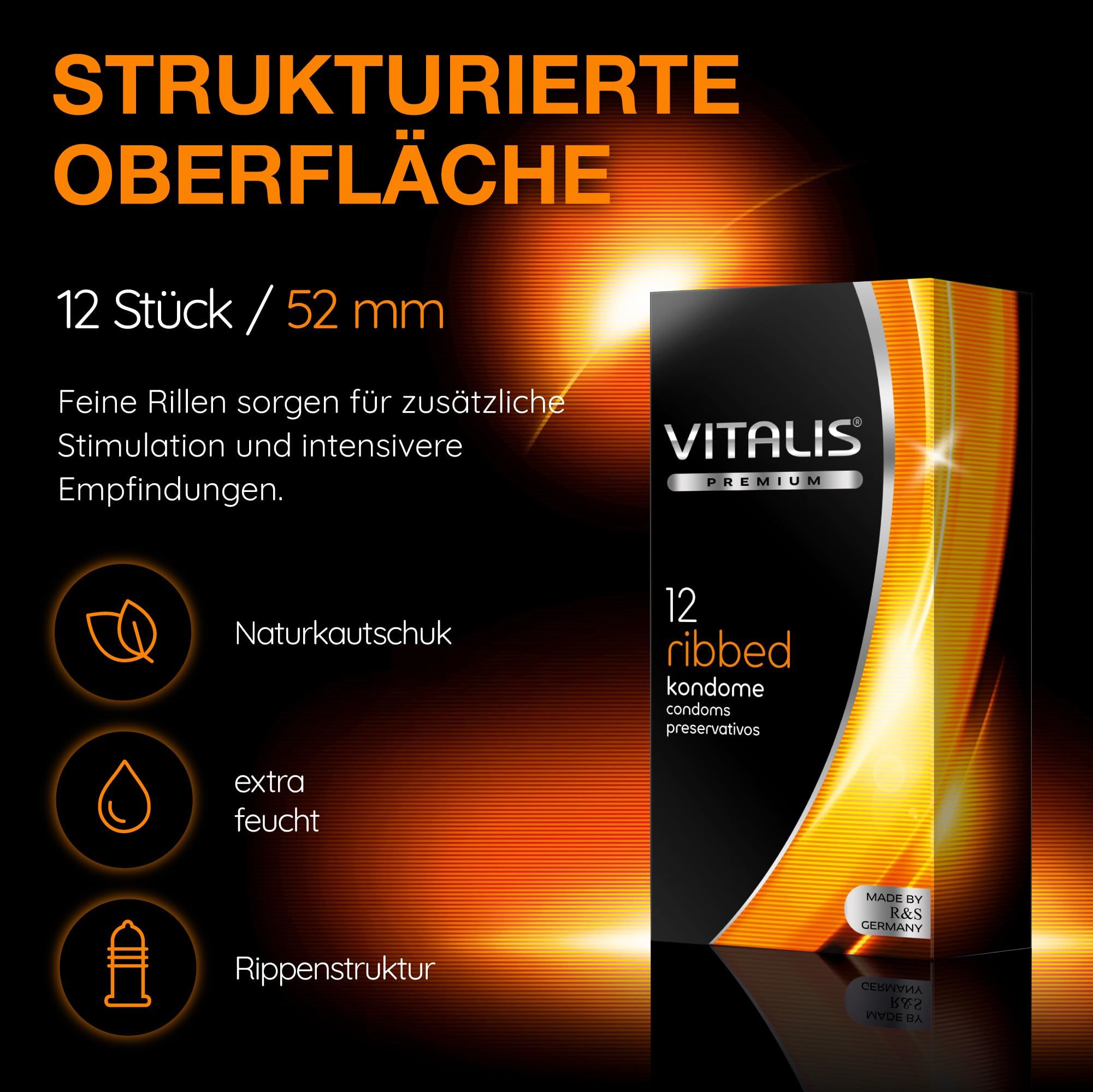 Vitalis Kondome: Strukturierte Oberfläche, 12 Stück, 53 mm, Naturkautschuk, extra feucht, gerippt.