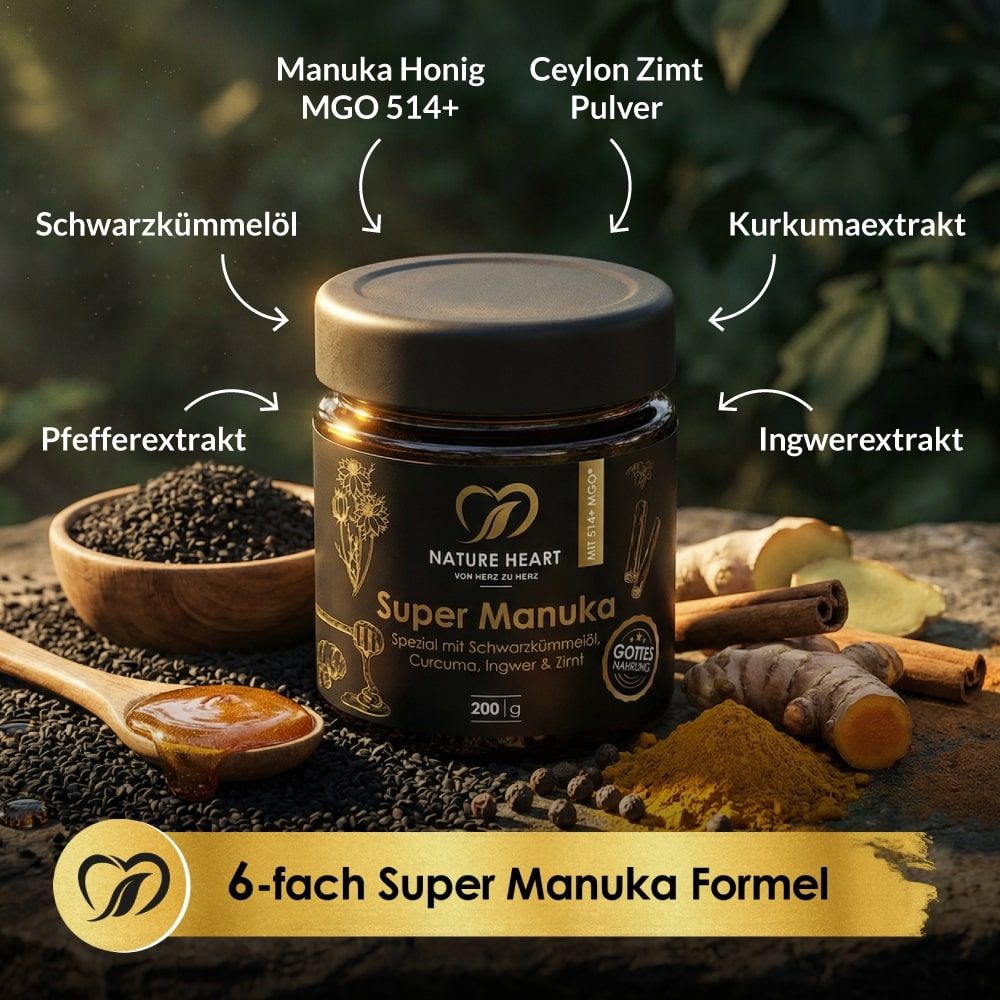 Glas mit Nature Heart Super Manuka. Zutaten: Manuka Honig, Schwarzkümmelöl, Kurkuma, Ingwer, Zimt, Pfeffer. 6-fach Formel.