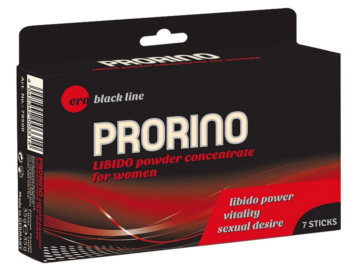 Schwarze Verpackung mit Produktnamen und Logo. Enthält 7 Sticks. "Libido powder concentrate for women".