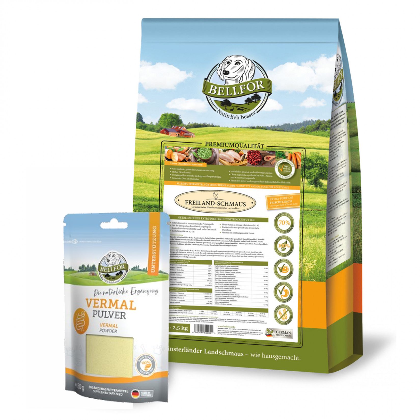 Bellfor-Hundefutter-Set. Großer Beutel und kleine Tüte. Aufdruck: Bellfor, Vermal Pulver, Freiland-Schmaus. Hintergrund: grüne Wiese.