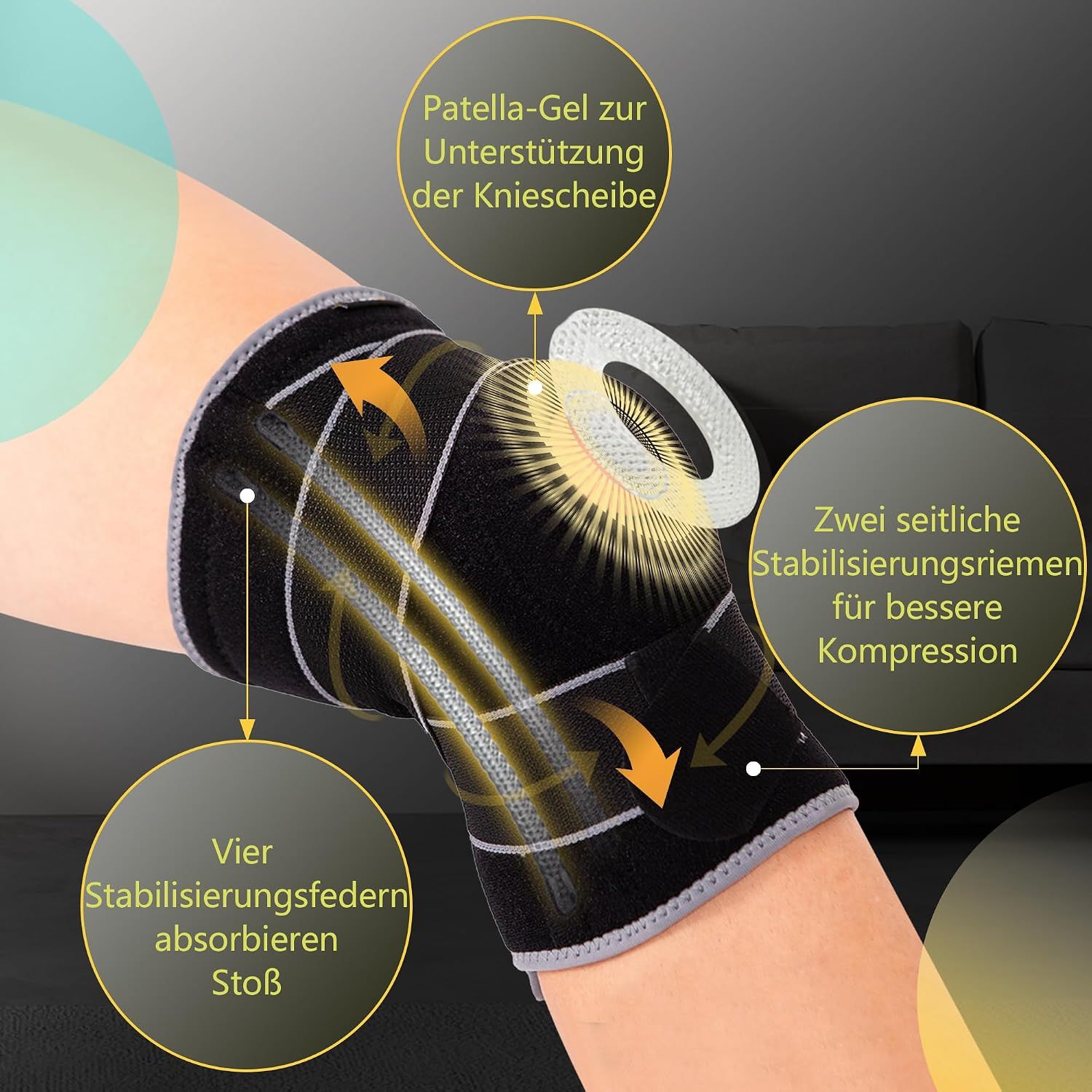 Schema zur Anbringung einer Patellasehnenbandage unterhalb der Kniescheibe.