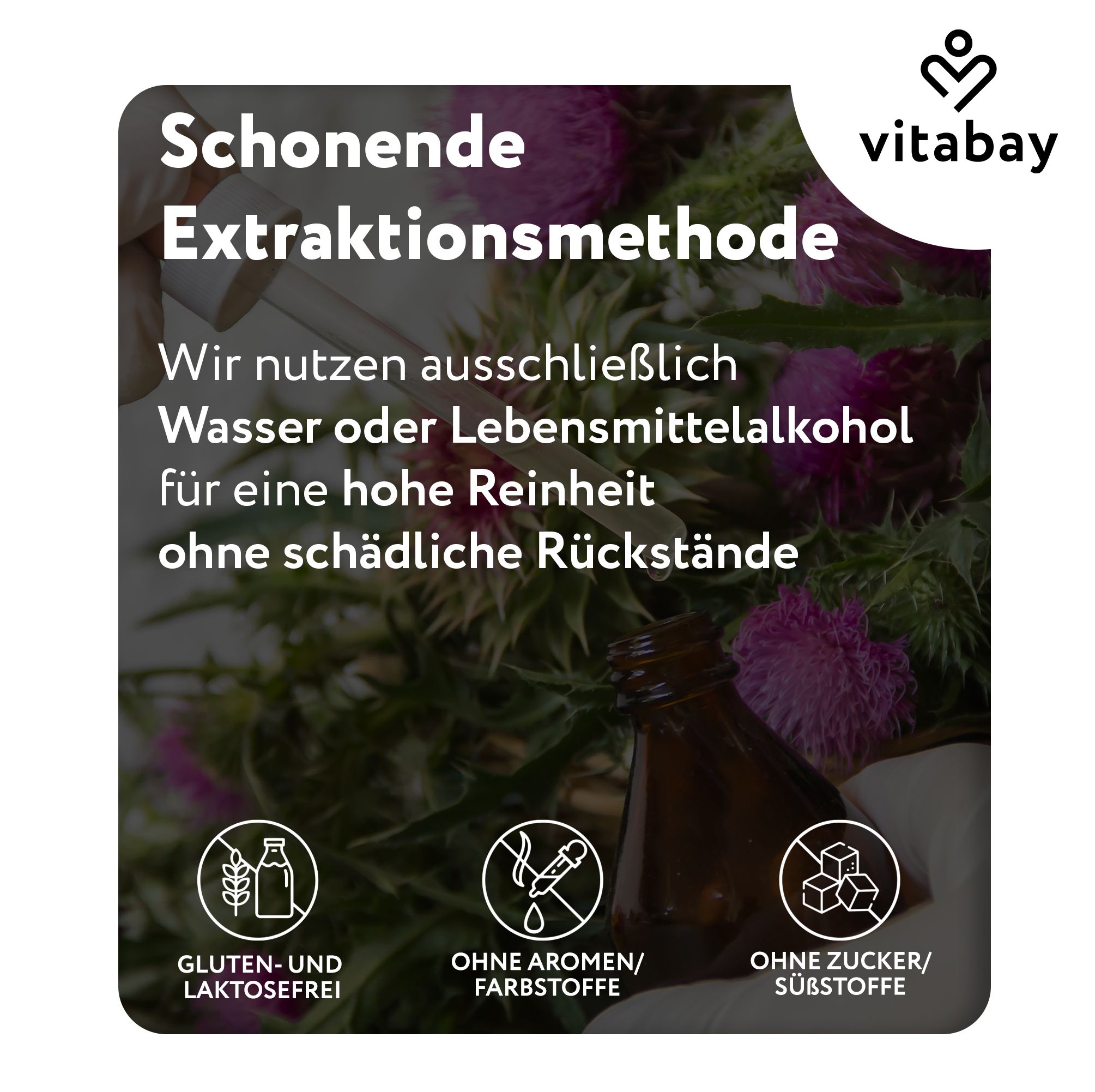 Braune Flasche mit Tropfer und drei Symbolen: Gluten- und Laktosefrei, ohne Aromen/Farbstoffe, ohne Zucker/Süßstoffe. Text: Schonende Extraktionsmethode.
