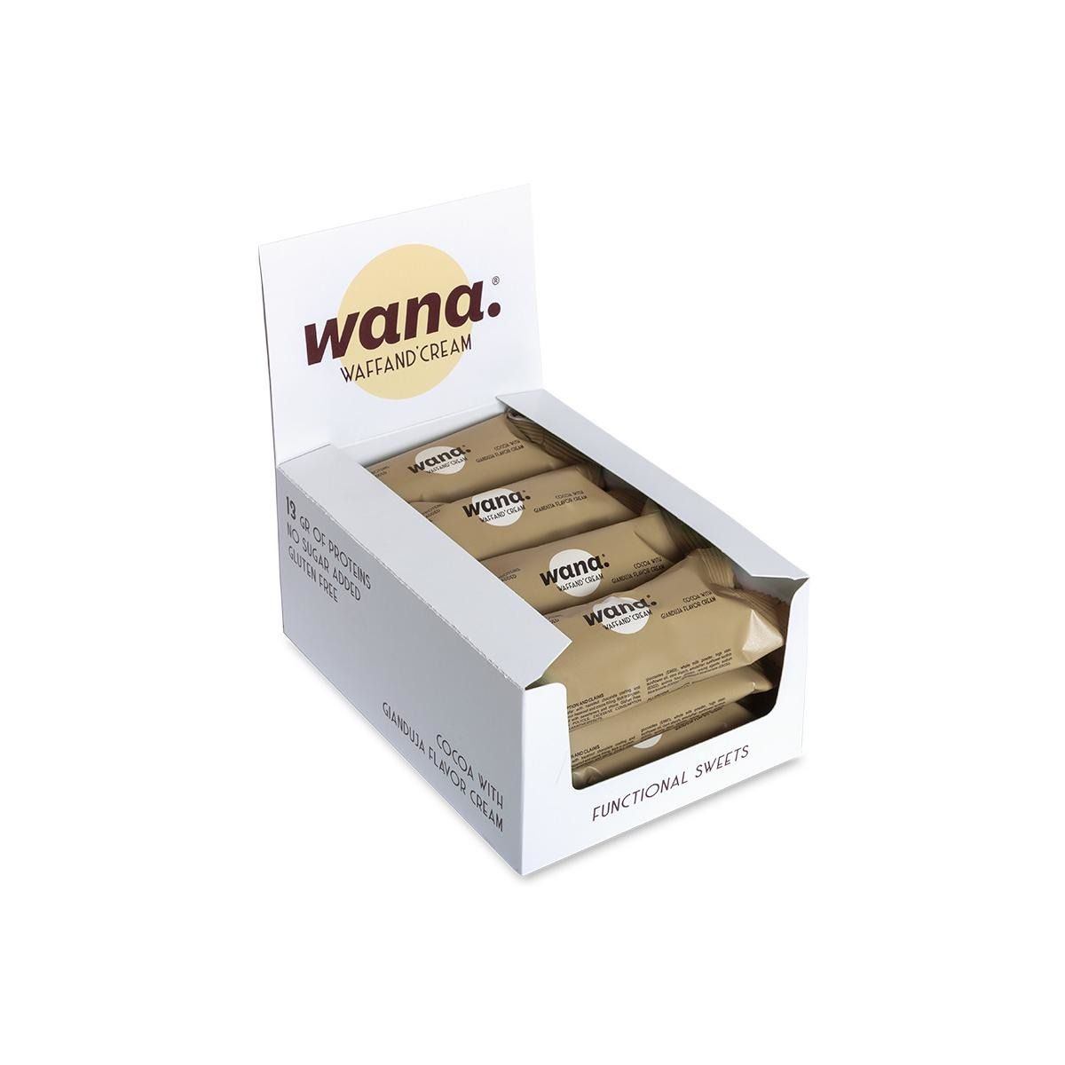 WaNa Protein-Riegel in weißer Verpackung. Aufschrift: WaNa, Waffand Cream. Inhalt: Riegel in brauner Verpackung.