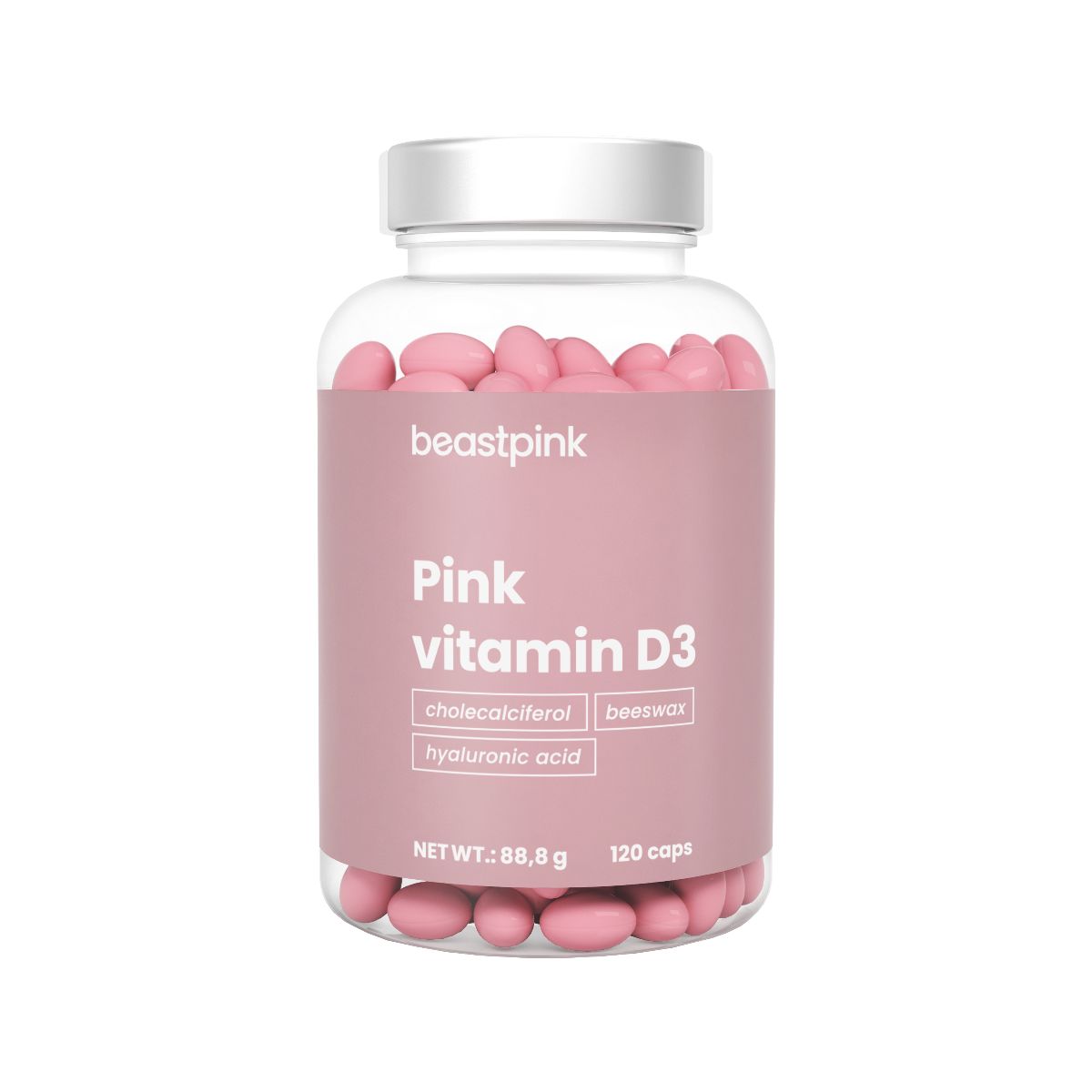 GymBeam Pink Vitamin D3 Kapseln mit Hyaluronsäure, 120 Stück.
