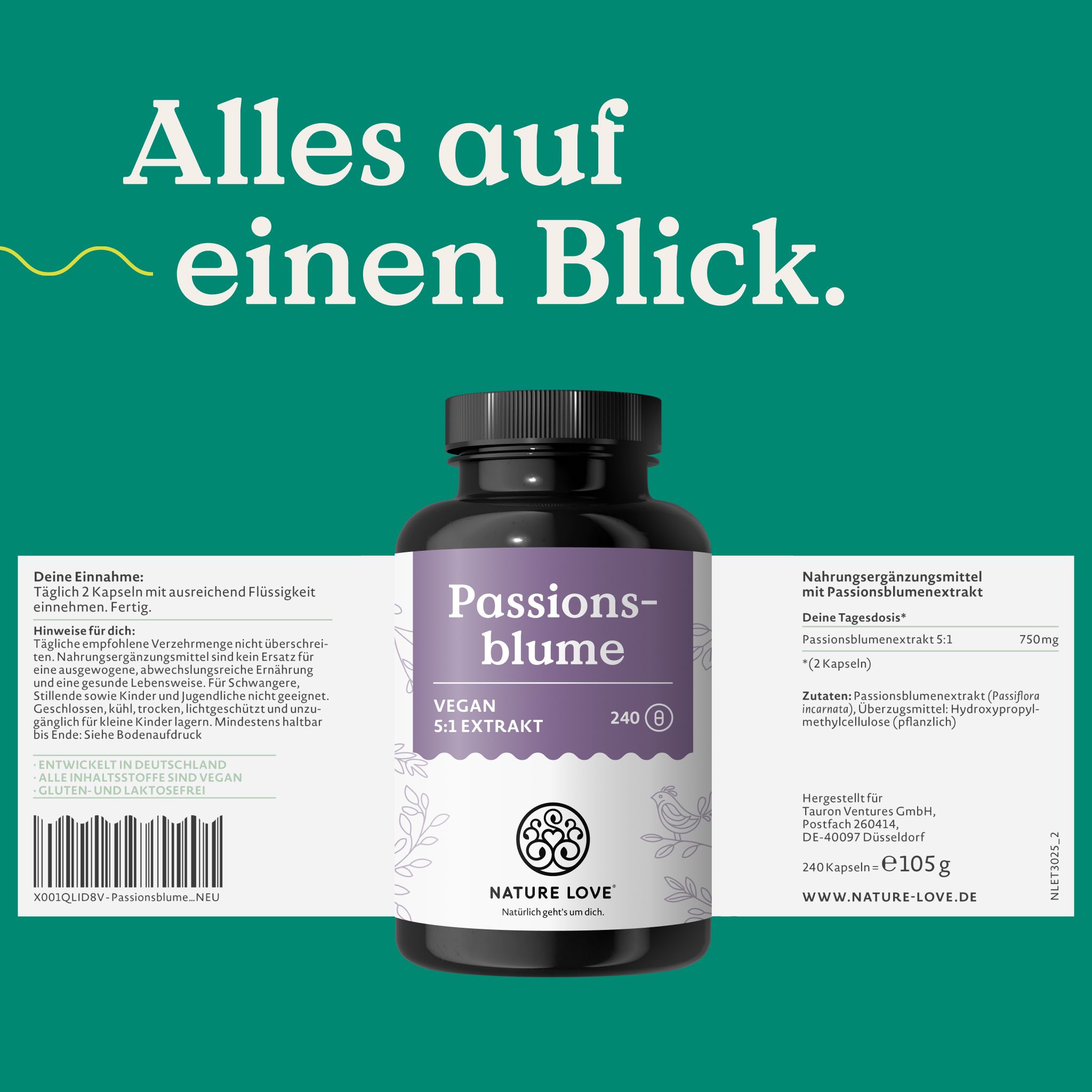 Flasche mit Passionsblumenextrakt-Kapseln, Etikett mit Nährwertangaben und Inhaltsstoffen.