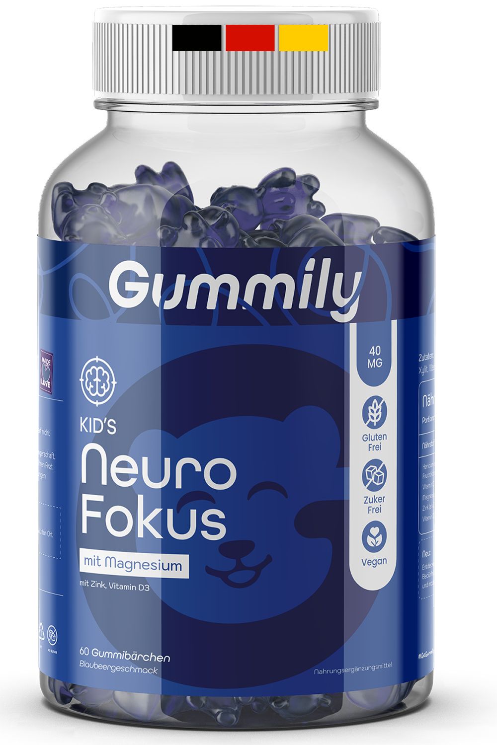 Klare Glasflasche mit blauen Gummibärchen. Aufschrift: Gummily, Neuro Fokus, mit Magnesium, Zink, Vitamin D3. Vegan, zuckerfrei, glutenfrei.