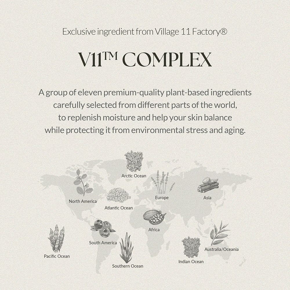 Weltkarte mit Text: Exclusive ingredient from Village 11 Factory. VII Complex. Pflanzen-Inhaltsstoffe.