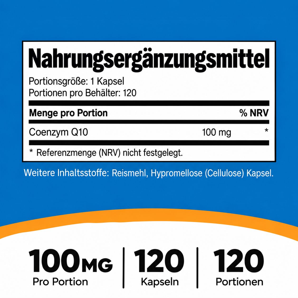 Nahrungsergänzungsmittel mit Coenzym Q10, 100 mg pro Kapsel, 120 Kapseln.