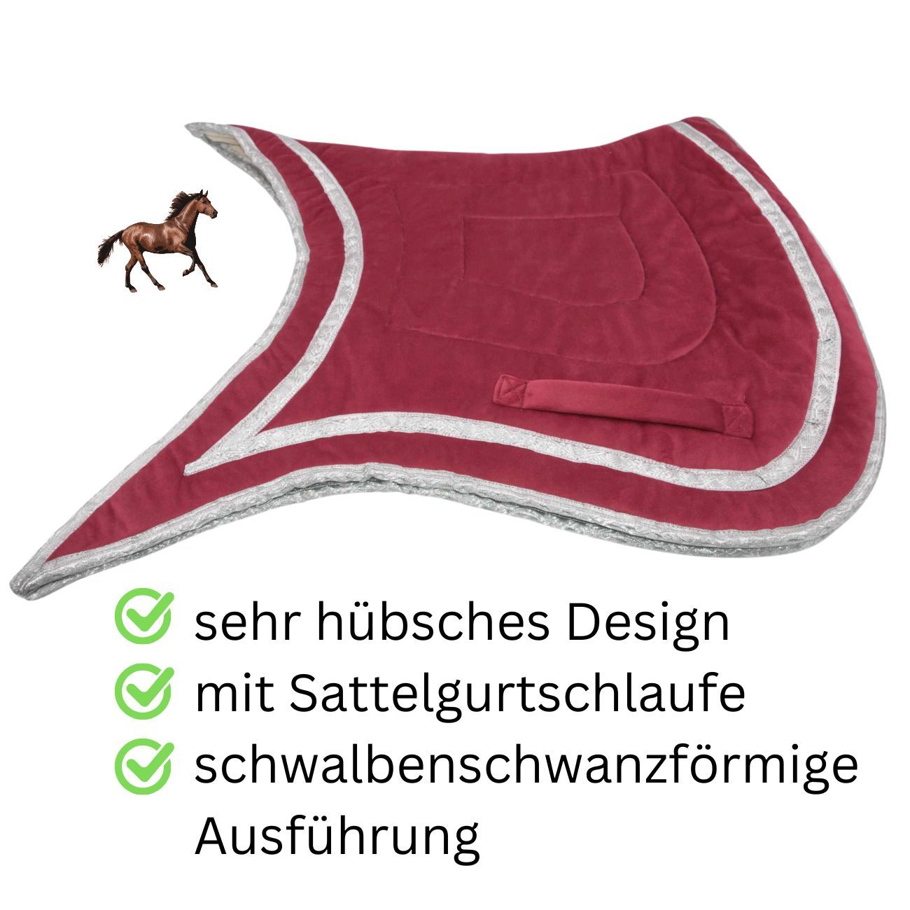 Bordeauxfarbene Schabracke mit silberner Biese und Sattelgurtschlaufe. Schwalbenschwanzförmige Ausführung.