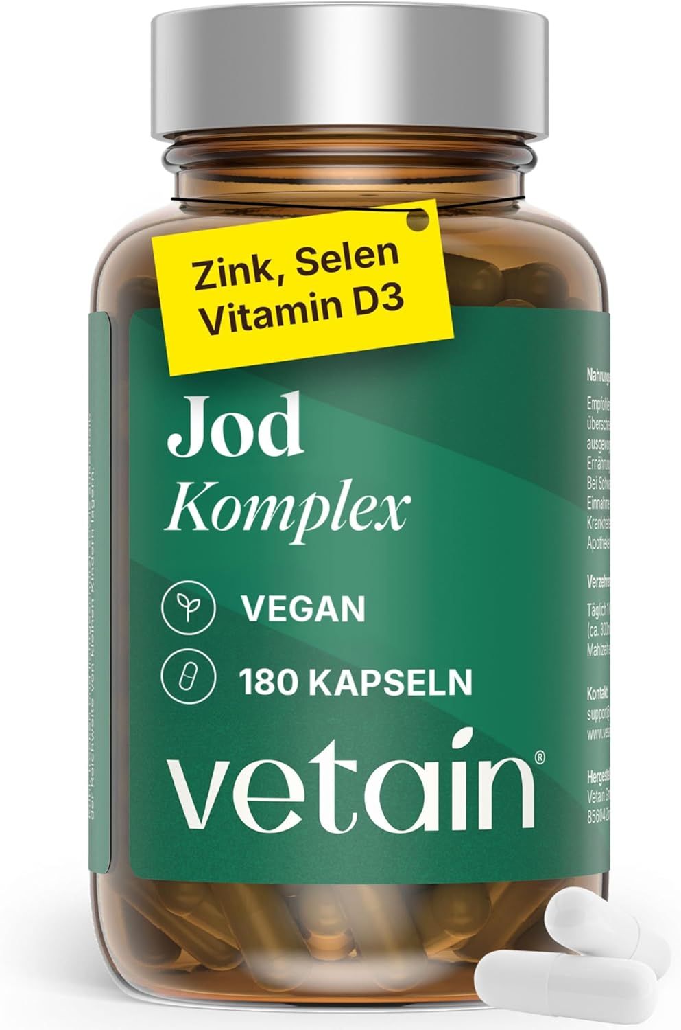Vetain Jod Komplex Flasche mit 180 veganen Kapseln, Zink, Selen, Vitamin D3.