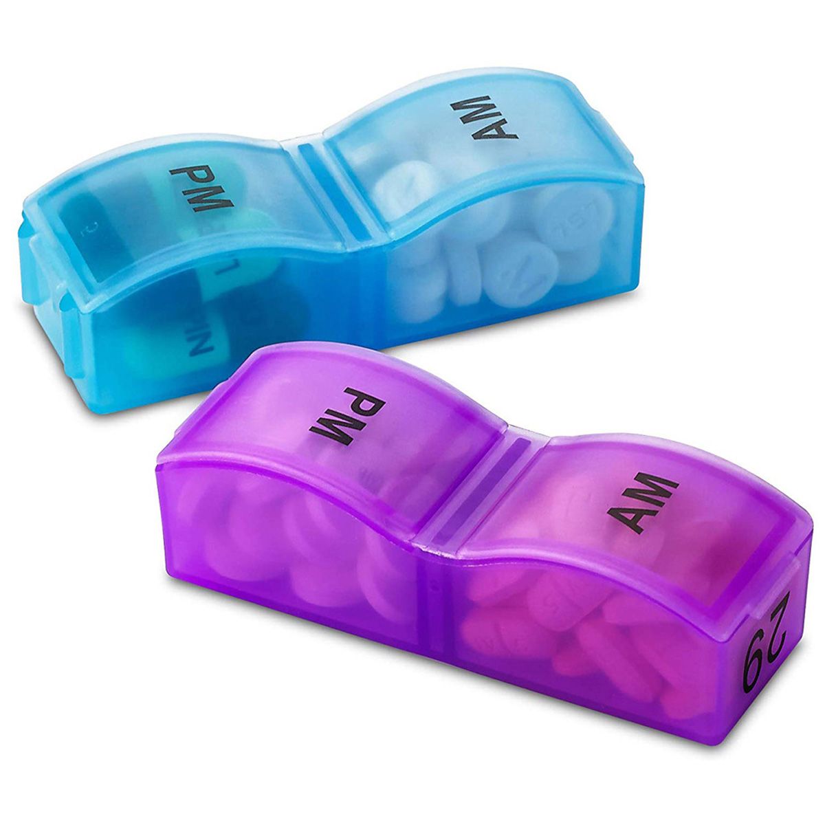 Zwei separate Medikamentenboxen. Blau und lila, mit AM/PM-Kennzeichnung. Enthält Tabletten. Nummer 2 und 29.