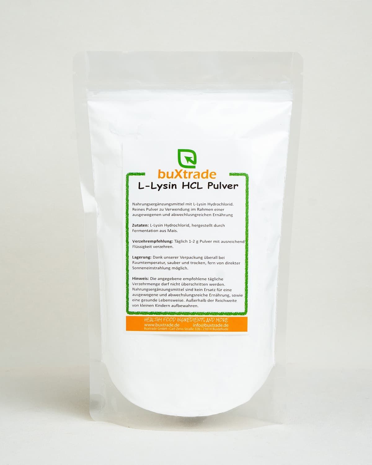 Beutel mit L-Lysin HCL Pulver von buxtrade.