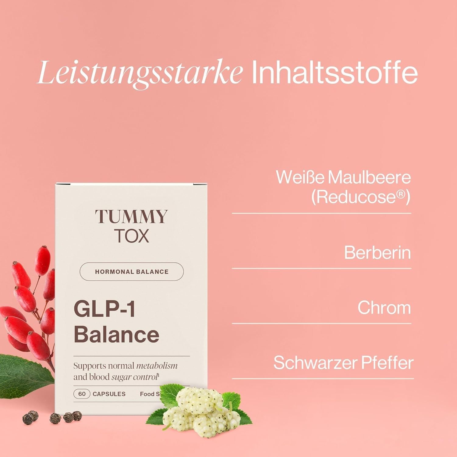 Produktverpackung Tummy Tox GLP-1 Balance. Inhaltsstoffe: Weiße Maulbeere, Berberin, Chrom, Schwarzer Pfeffer. Hintergrund: rosa mit Text.