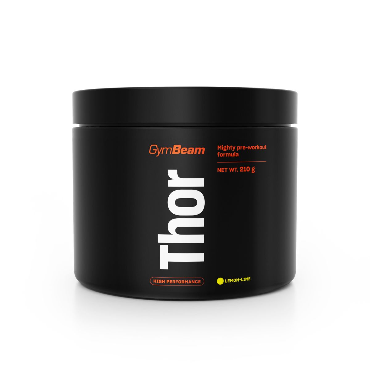GymBeam Thor Pre-Workout Pulver in schwarzer Dose, Geschmacksrichtung Zitrone-Limette.
