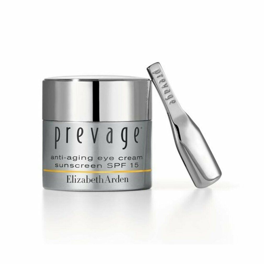 Silberfarbener Tiegel mit Deckel. Aufschrift: prevage, anti-aging eye cream sunscreen SPF 15, Elizabeth Arden.