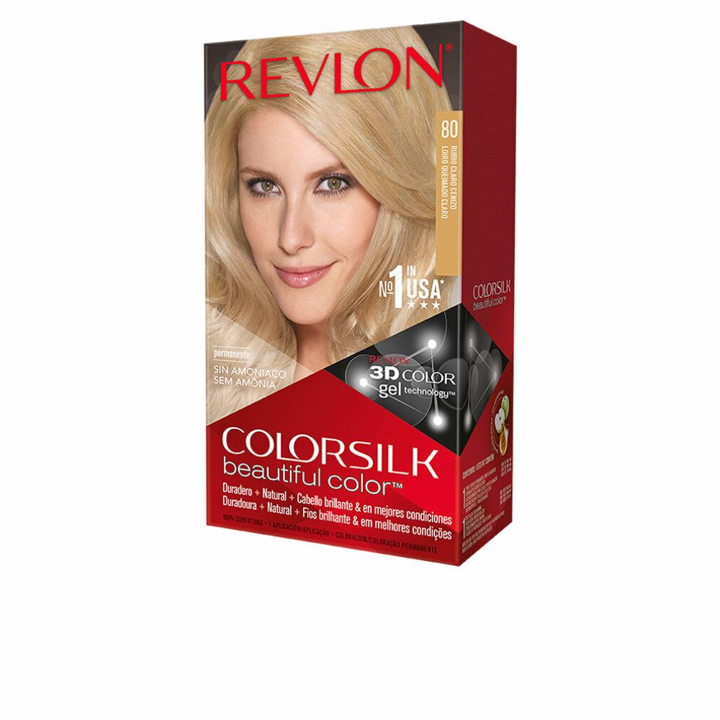 Haarfarbe-Packung. Marke Revlon, Produkt Colorsilk. Aufdruck: Light As Blonde. Frau mit blonden Haaren auf der Verpackung.