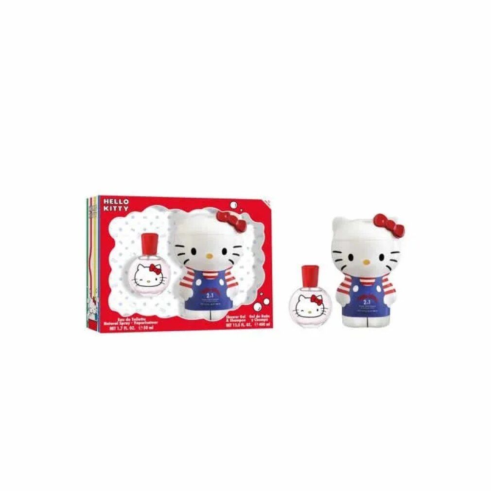 Hello Kitty Geschenkset mit Eau de Toilette und Duschgel & Shampoo, seitliche Ansicht.