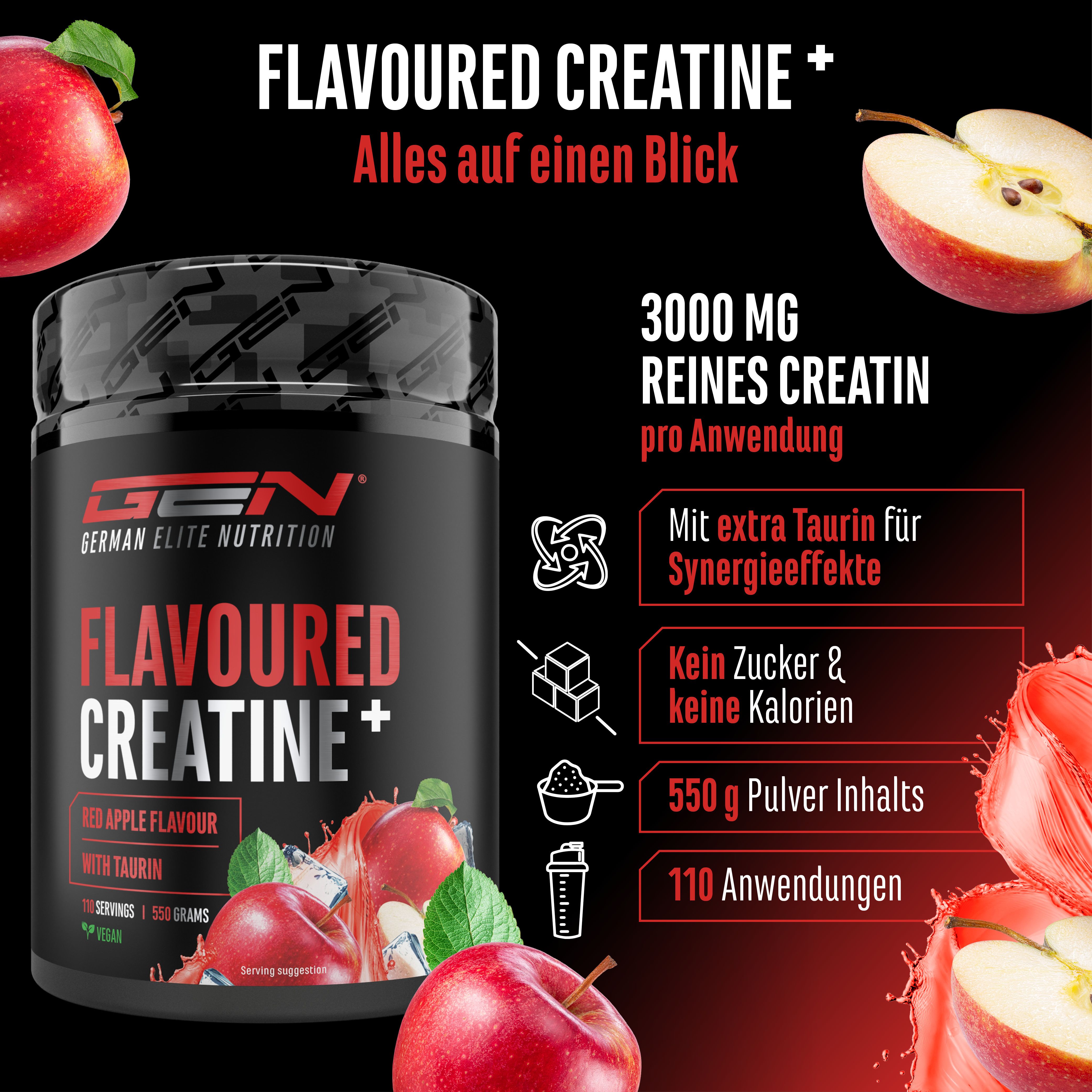 Dose GEN Flavoured Creatine+ mit rotem Apfel. Enthält 550g Pulver, 110 Anwendungen. 3000mg reines Creatin pro Anwendung.