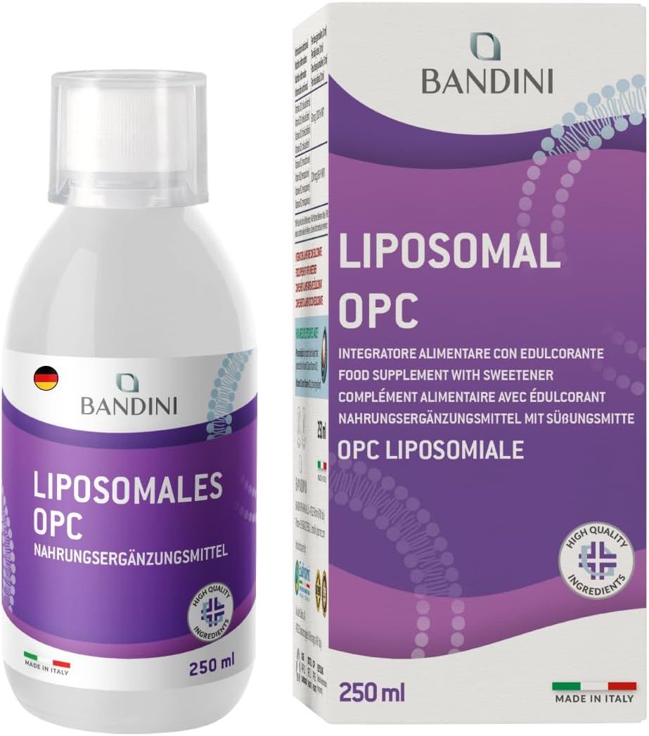 Bandini Liposomales OPC Nahrungsergänzungsmittel. Flasche und Verpackung. 250 ml. Mit italienischer und deutscher Flagge.