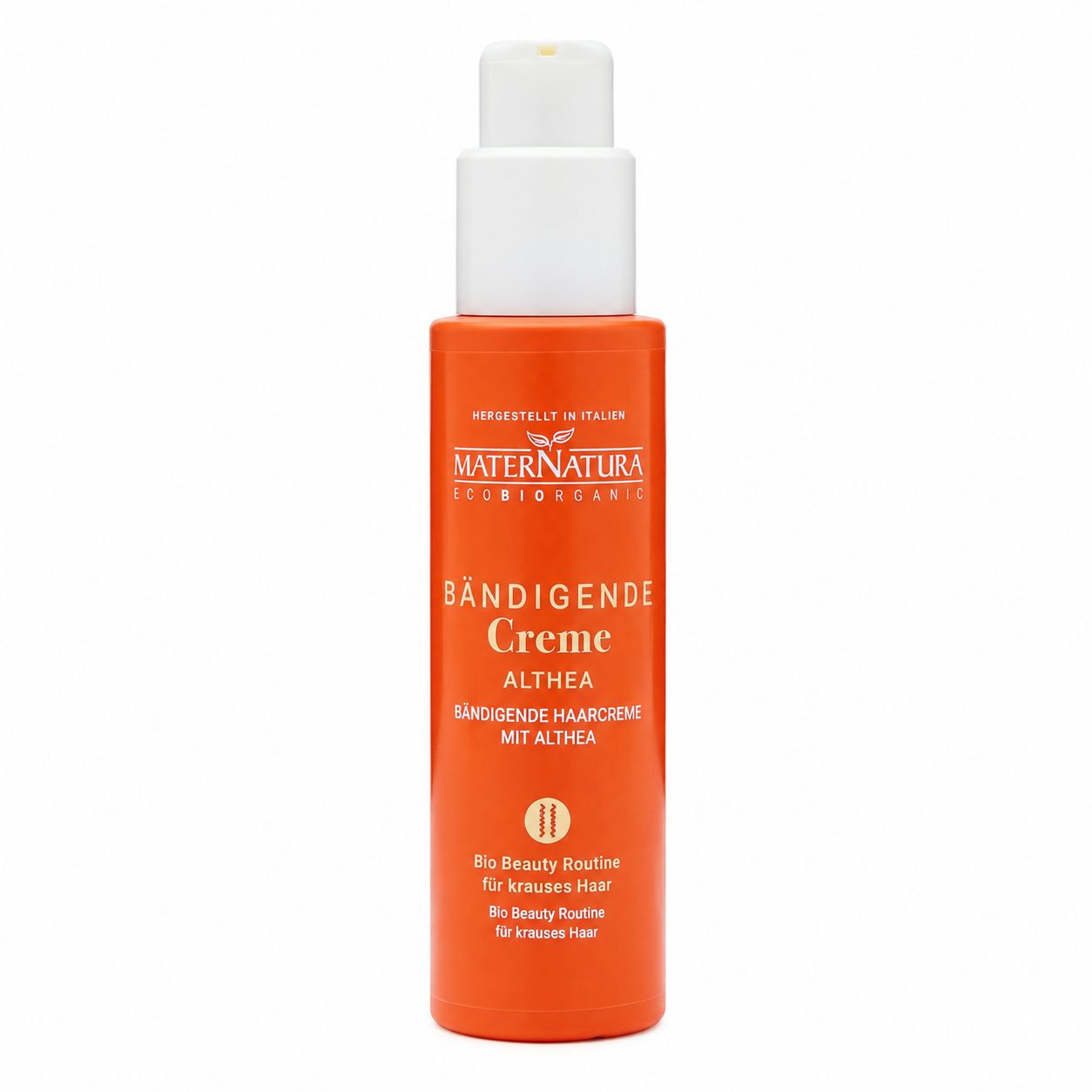 Orange Flasche mit weißem Pumpspender, "BÄNDIGENDE Creme" beschriftet.