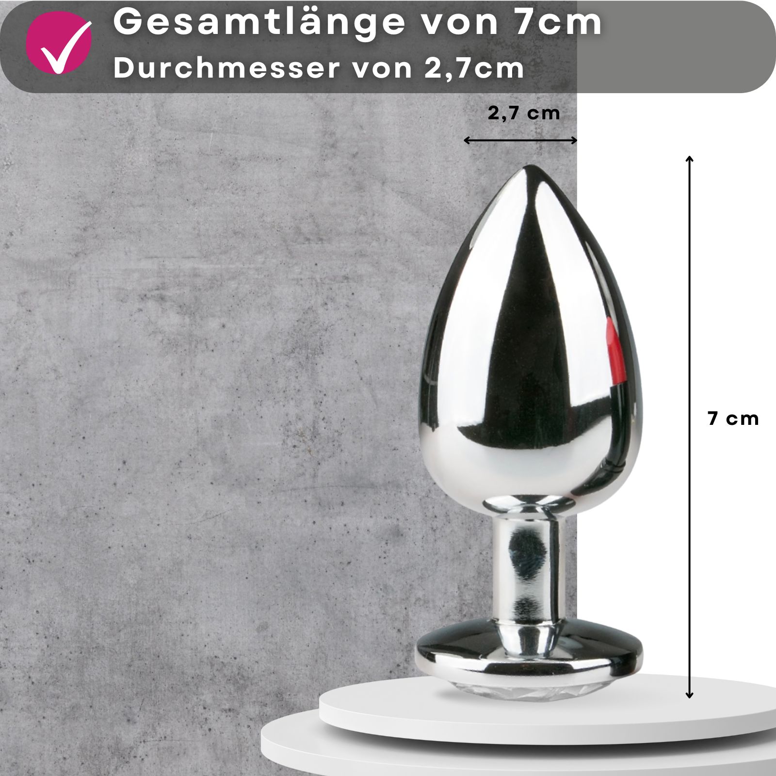 Analplug mit 7 cm Gesamtlänge und 2,7 cm Durchmesser. Kegelförmiger Kopf, runder Sockel.