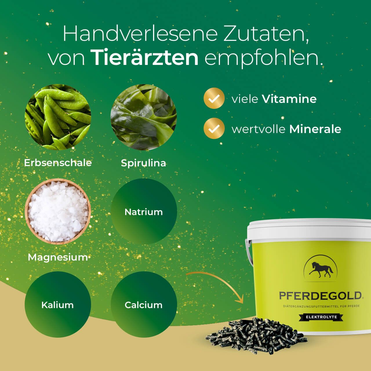 Pferdegold Elektrolyte: Zutaten wie Erbsenschale, Spirulina, Natrium, Magnesium, Kalium, Calcium.