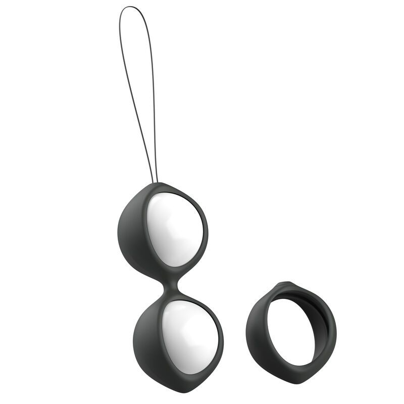 Schwarze Beckenbodentrainer-Kugeln mit weißem Kern, verbunden durch eine Schlaufe, mit separatem Ring.