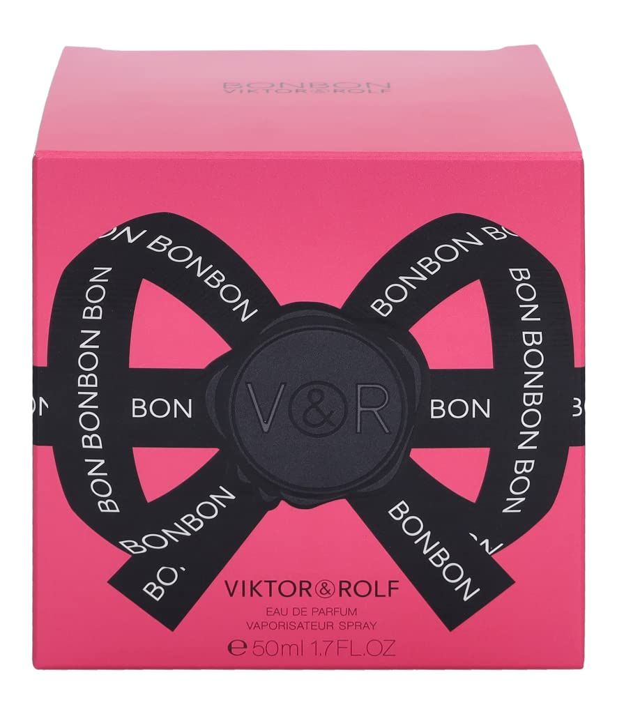 Rosa Schachtel mit schwarzer Schleife und Schriftzug BONBON. Logo V&R. Aufschrift VIKTOR & ROLF. EAU DE PARFUM. 50ml.